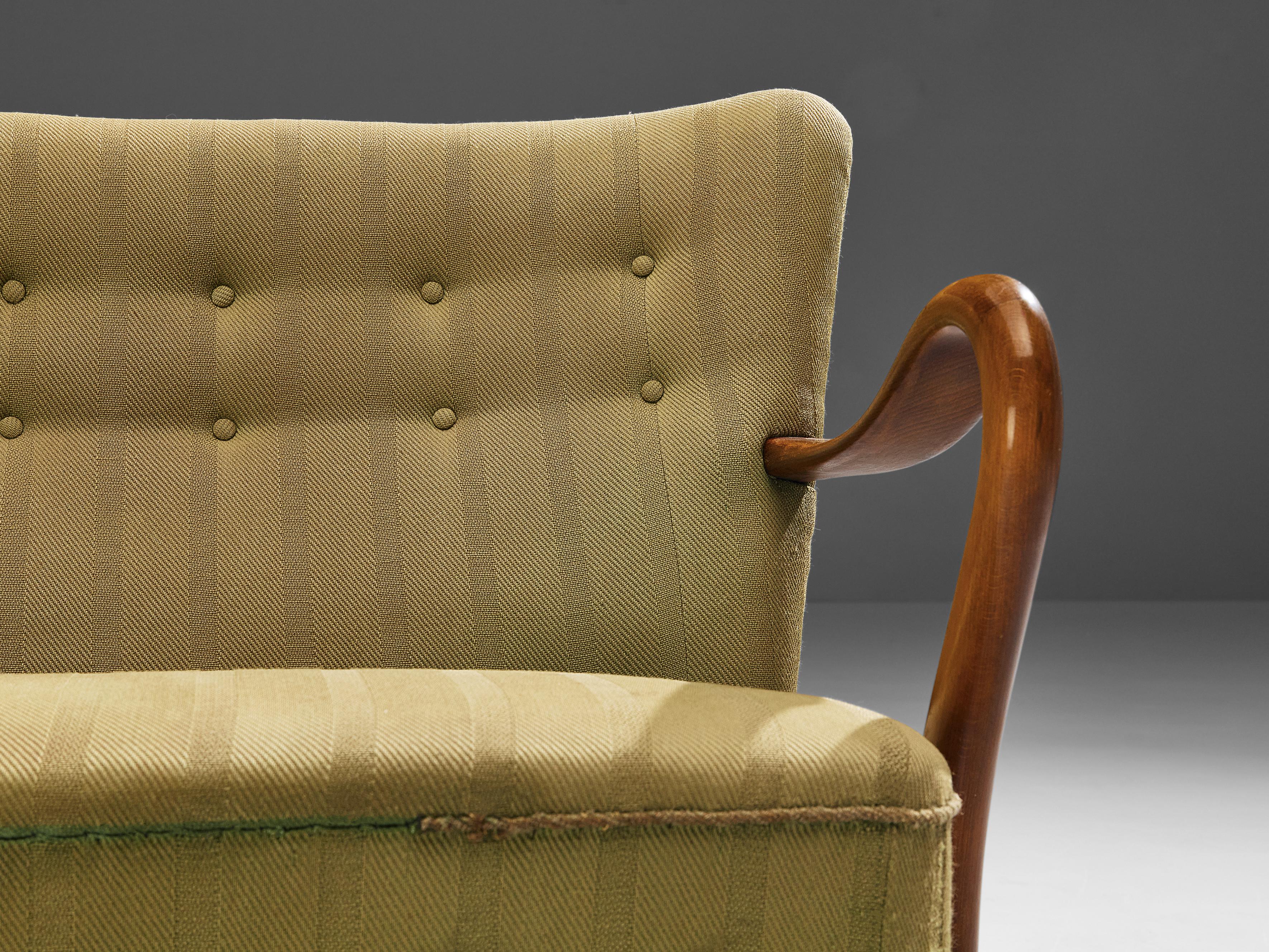 Mid-20th Century Danish Three Seater Sofa in Green Striped Upholstery
