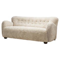 Danish Three-Seater Sofa in Sheepskin with Beech Legs, Denmark circa 1940s