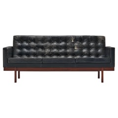 Danish Three Seater Sofa in Teak and Black Leather