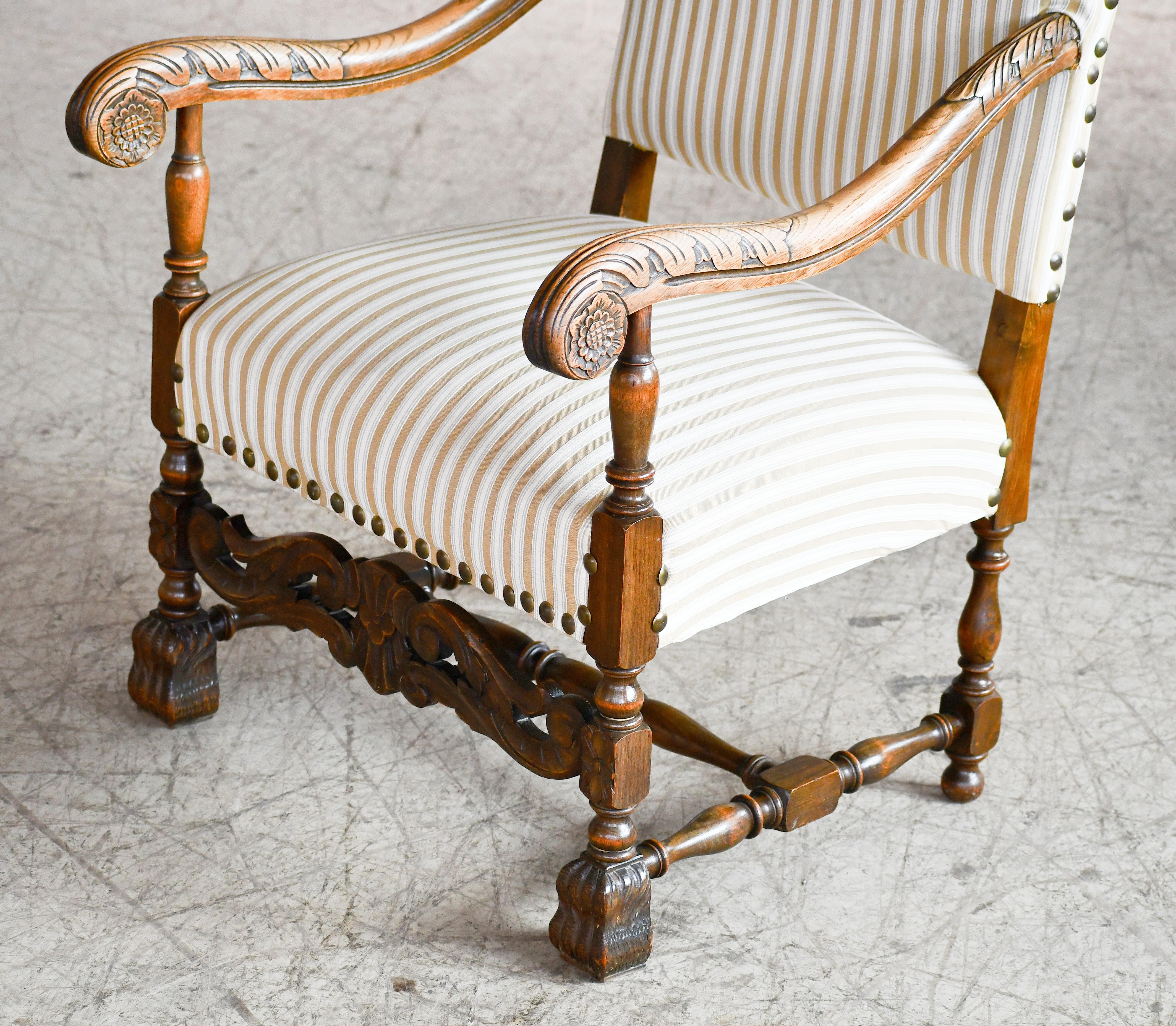 Wool Danish Throne Chair in Carved Oak, circa 1900 Bindesboll Style For Sale