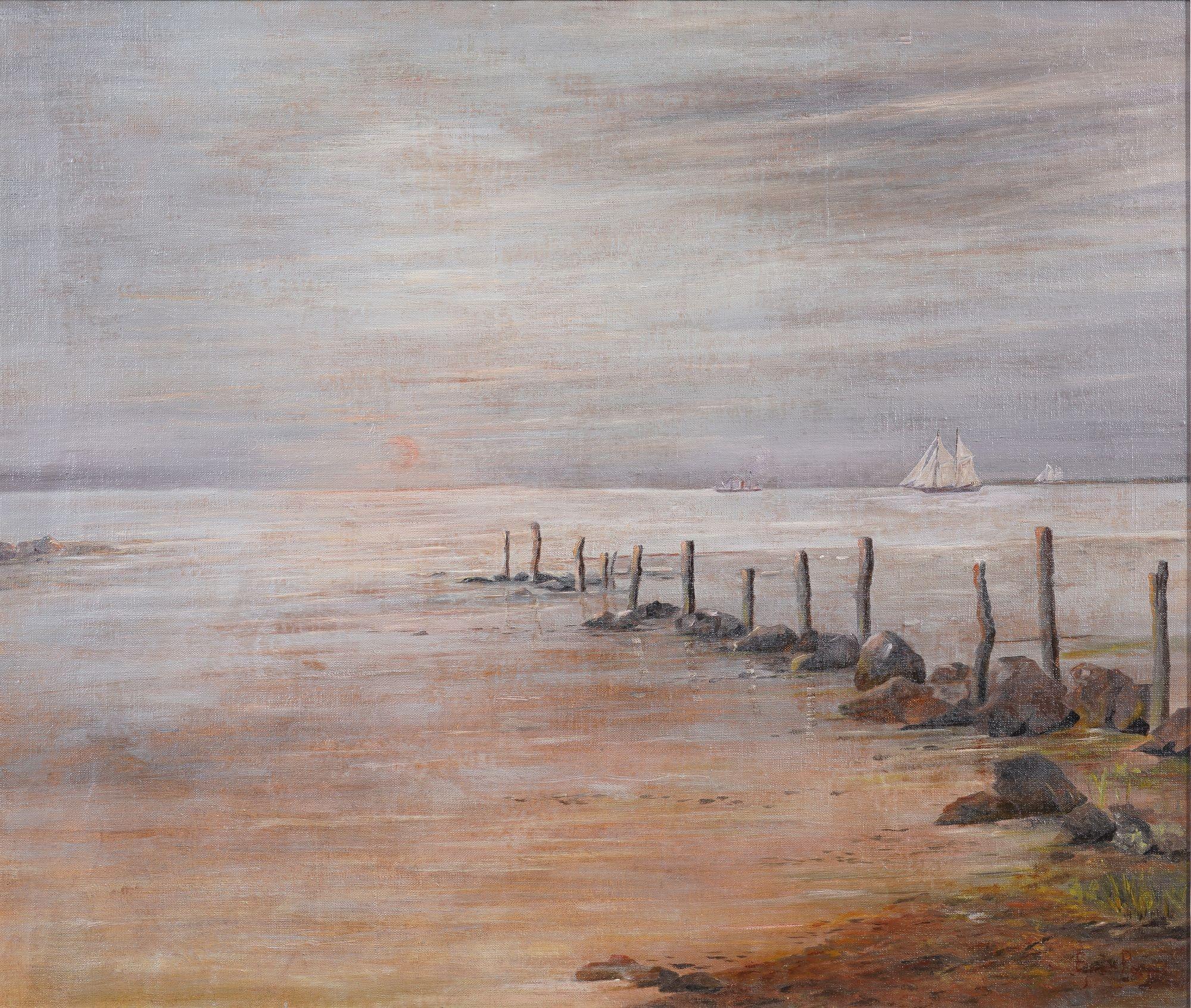 Tonalist shoreline seascape oil on canvas mounted in a painted molding. The painting is defined by a row of pilings projecting into the sea with sailboats on the horizon, where gray sky meets gray water. The artist signature appears lower right
