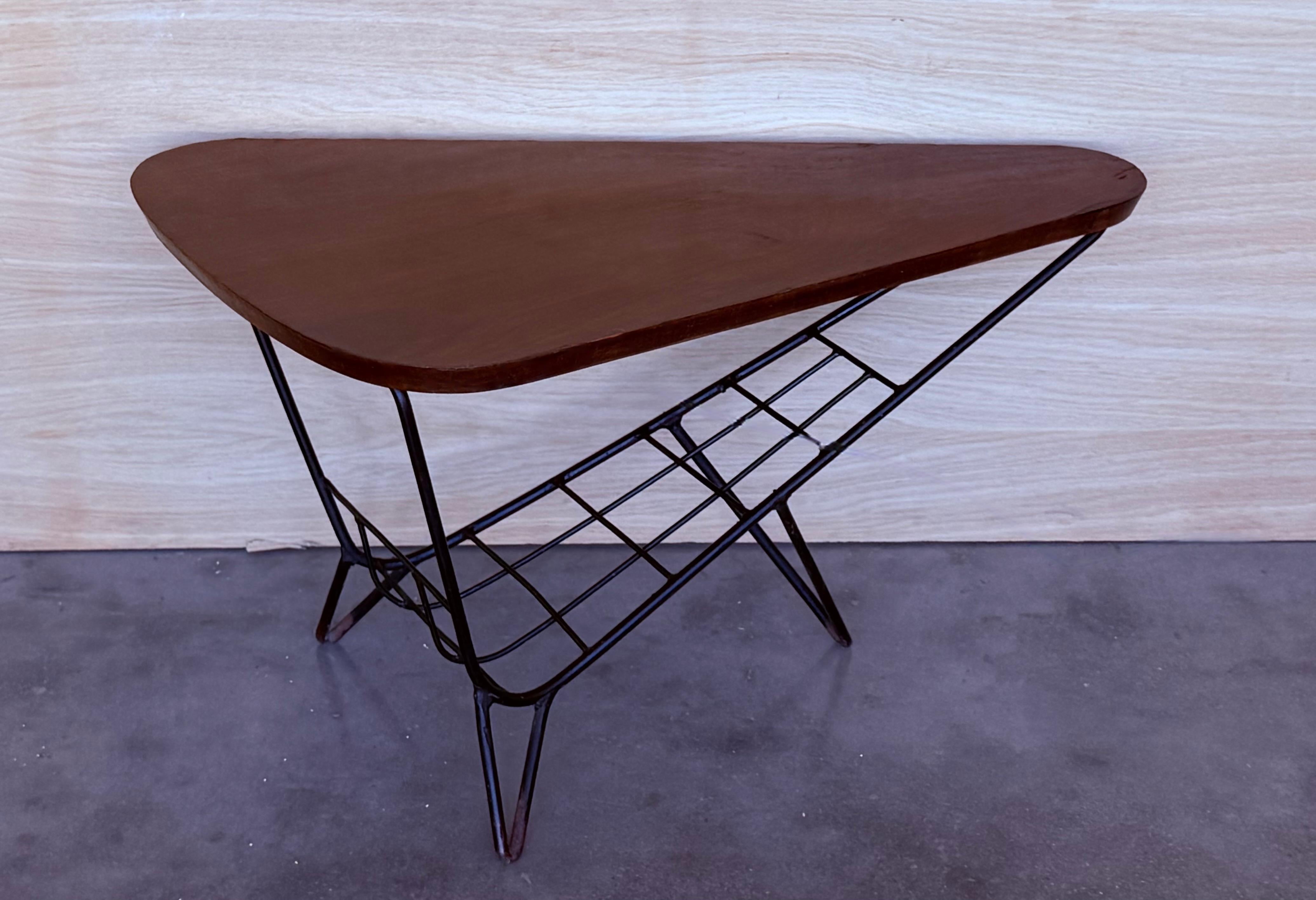 Danish Triangular Coffee Table with Magazine Rack Metal and Teak, 1960s For Sale 4