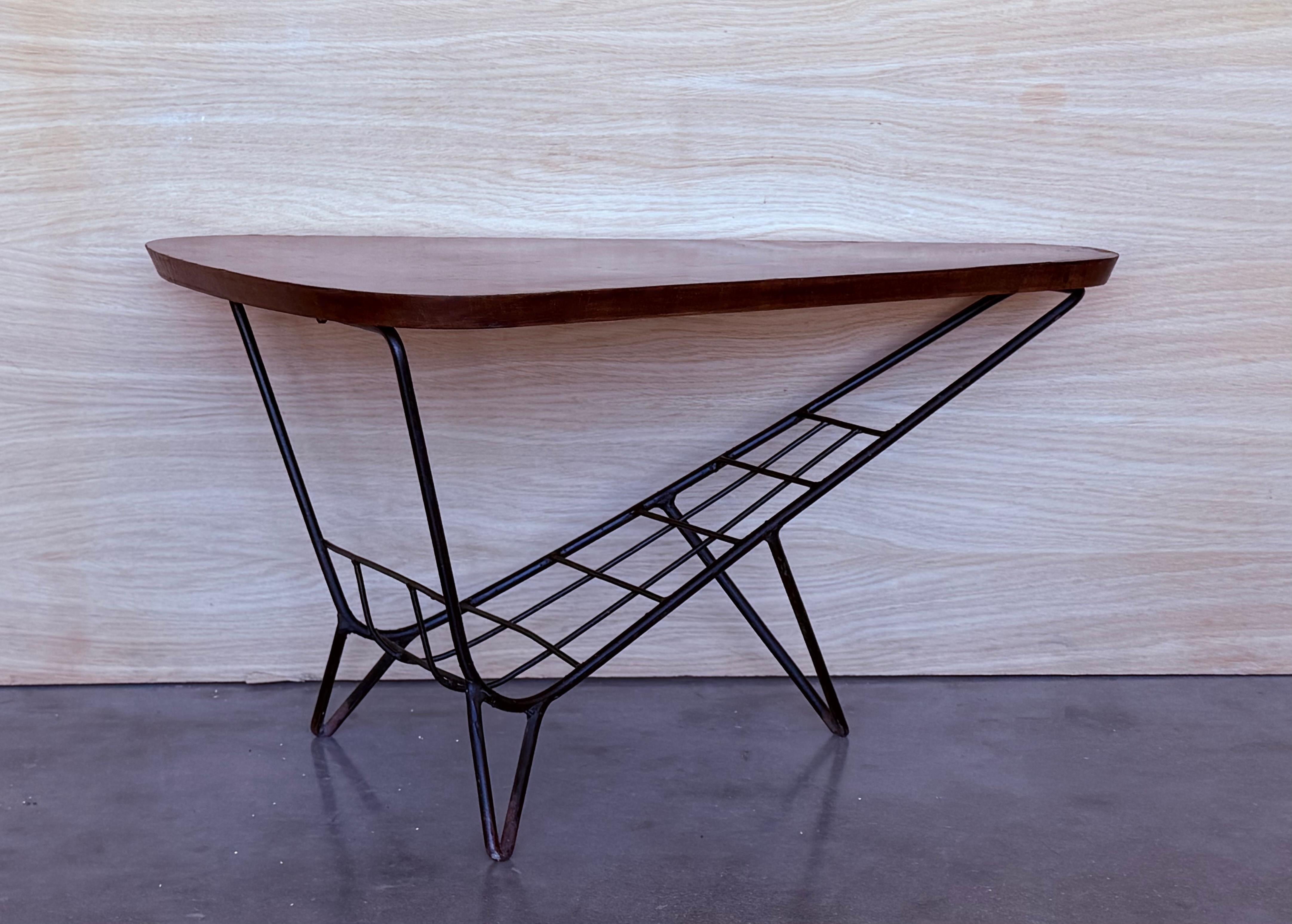 Danish Triangular Coffee Table with Magazine Rack Metal and Teak, 1960s For Sale 5
