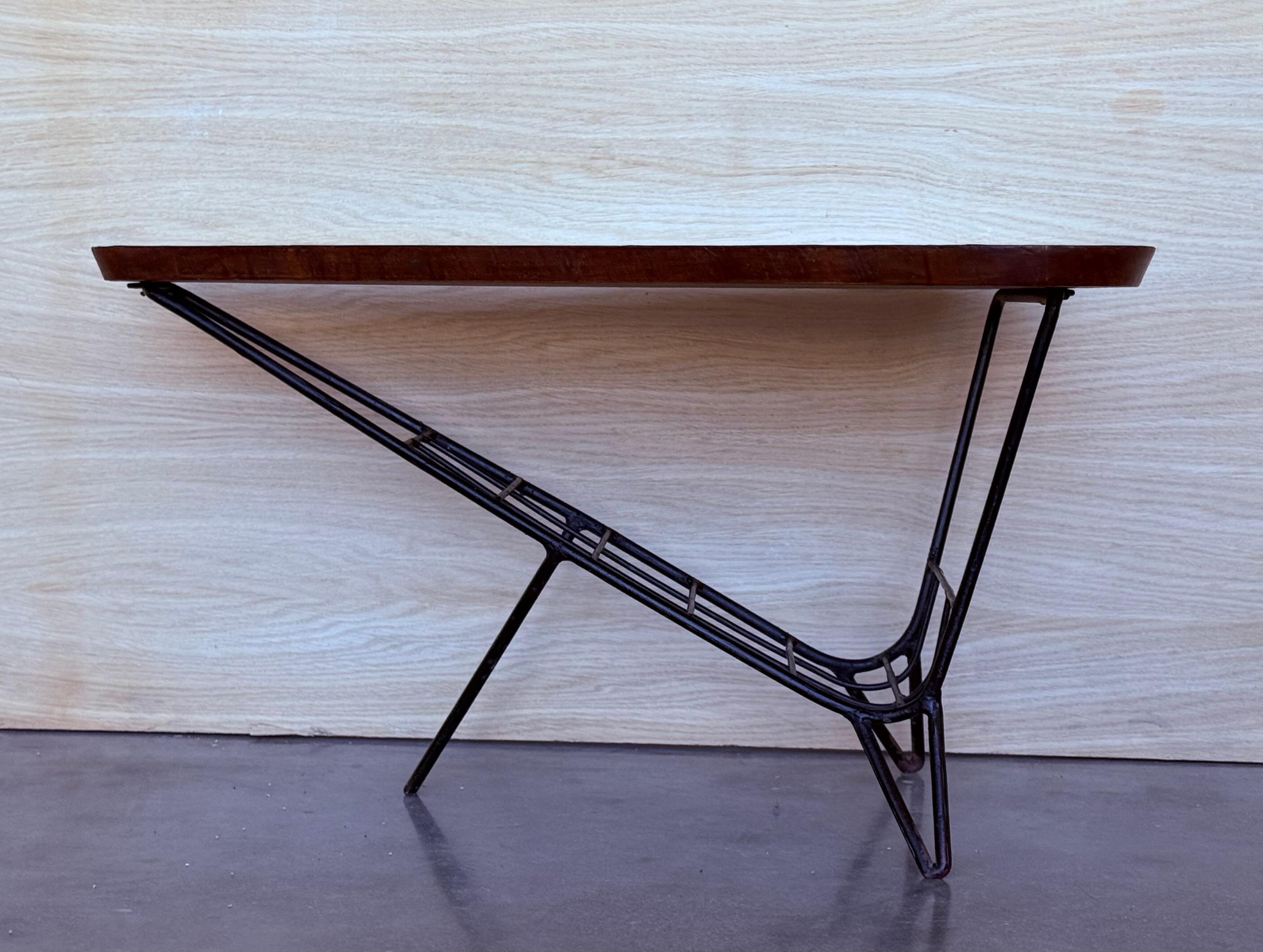 Scandinavian Modern Danish Triangular Coffee Table with Magazine Rack Metal and Teak, 1960s For Sale