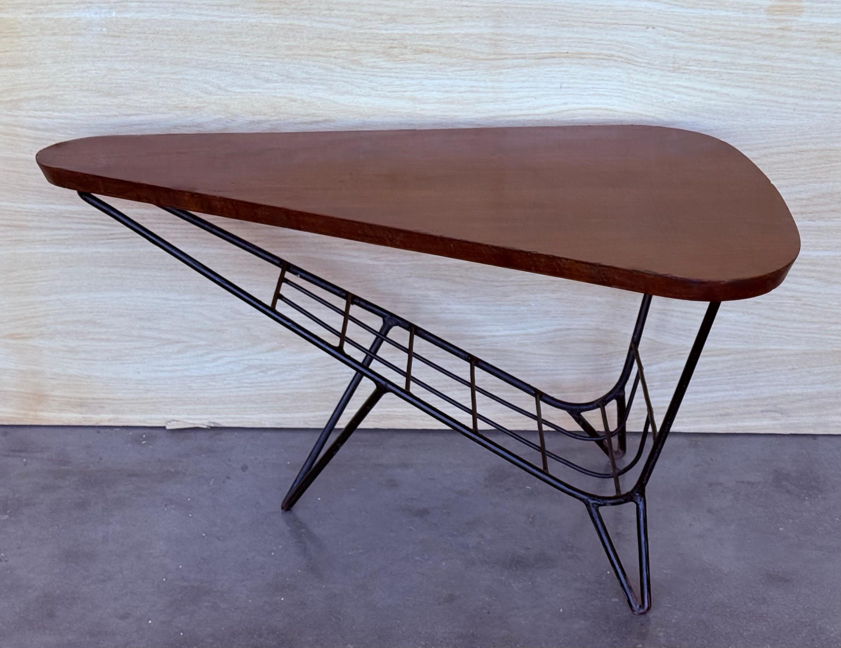European Danish Triangular Coffee Table with Magazine Rack Metal and Teak, 1960s For Sale