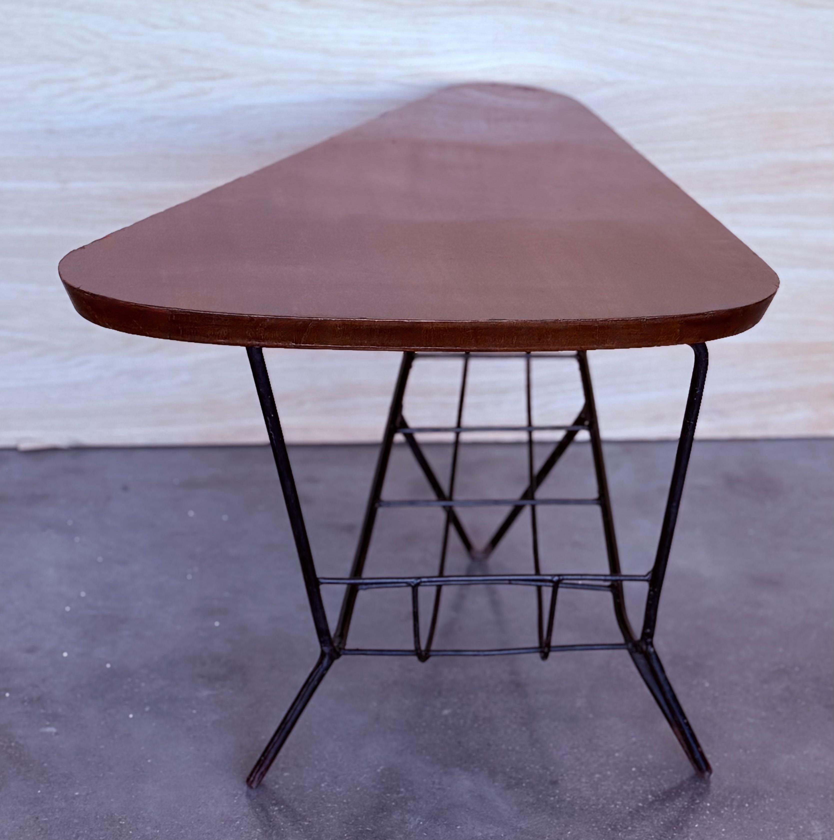 Danish Triangular Coffee Table with Magazine Rack Metal and Teak, 1960s For Sale 1