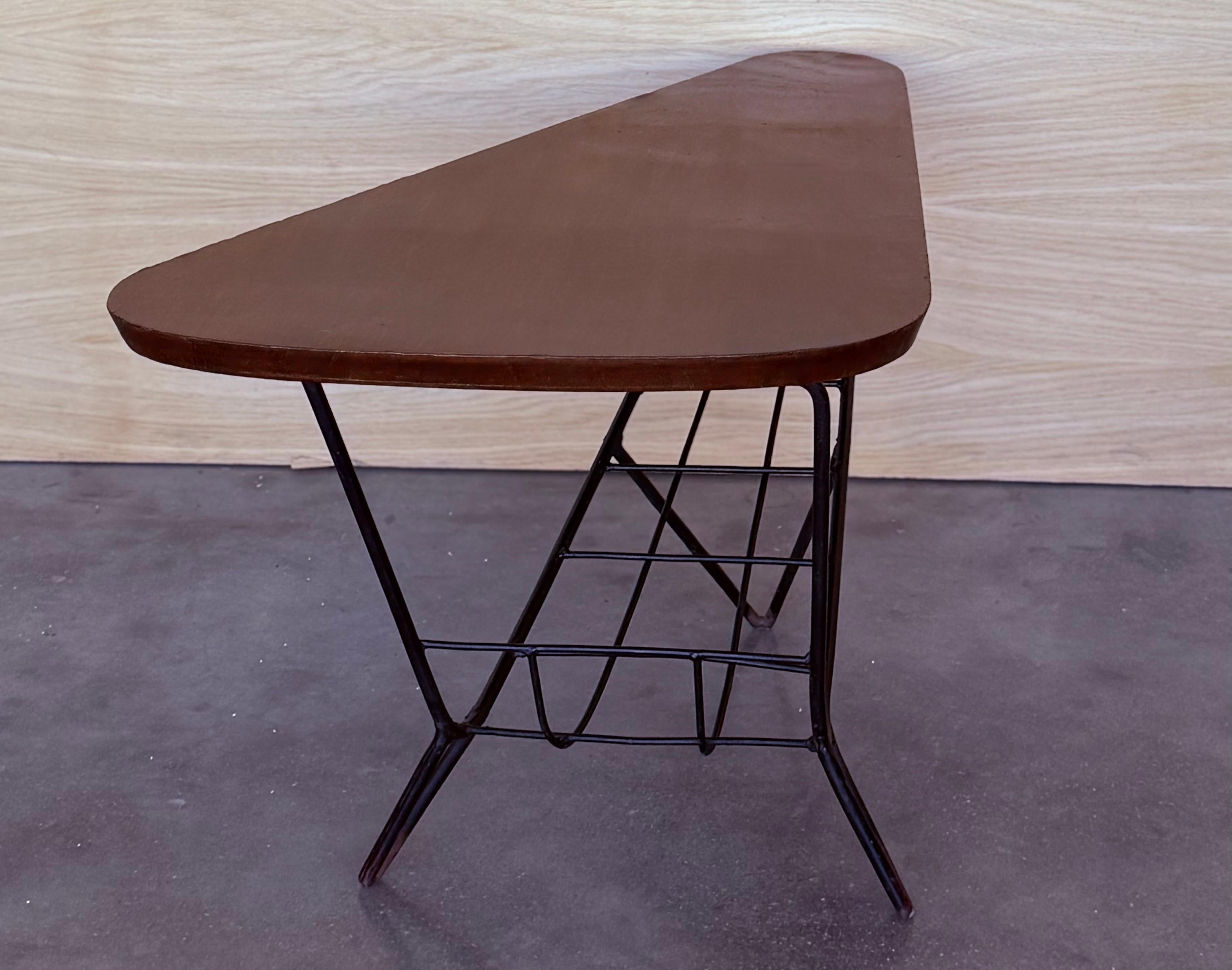 Danish Triangular Coffee Table with Magazine Rack Metal and Teak, 1960s For Sale 2