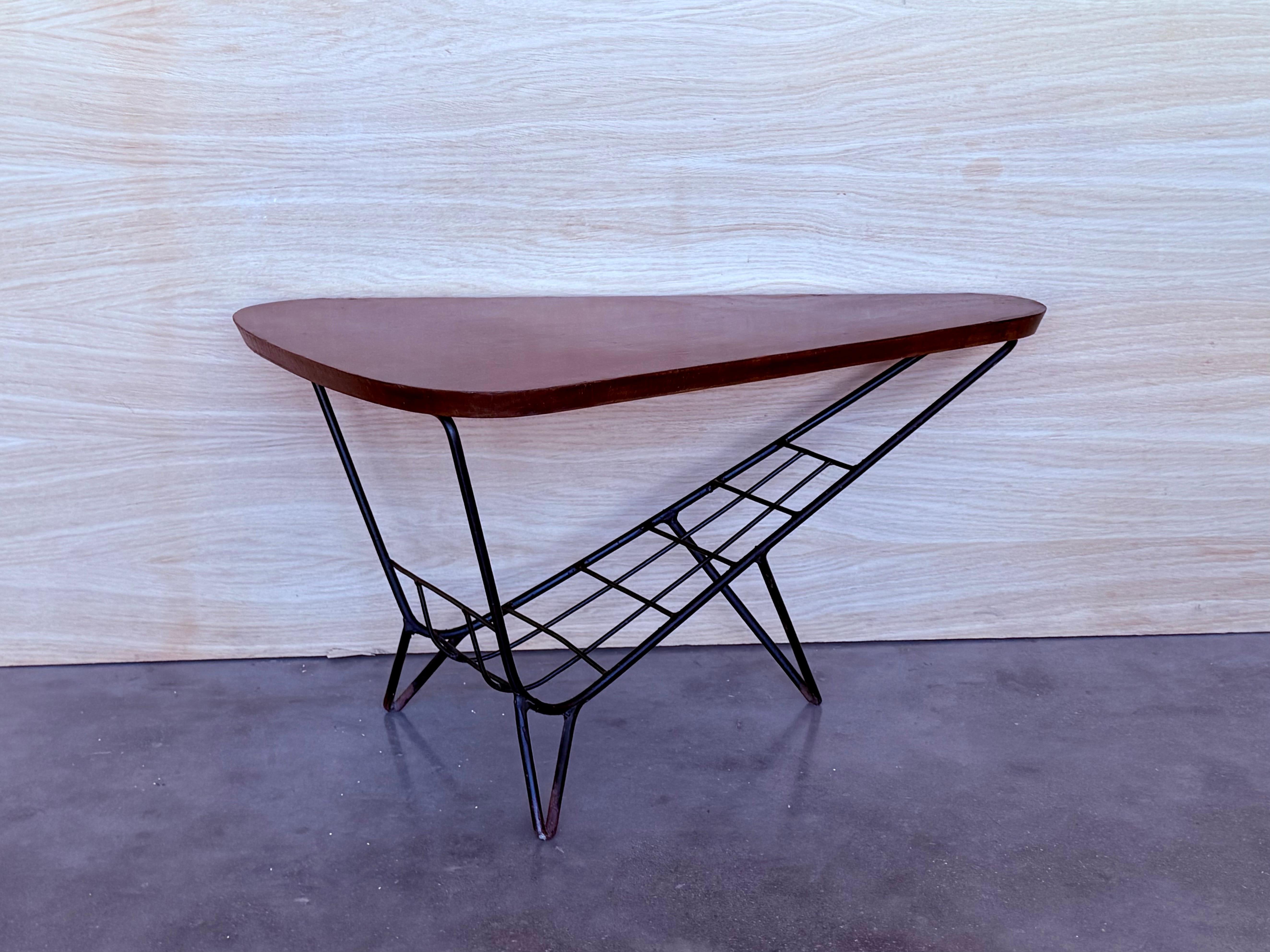 Danish Triangular Coffee Table with Magazine Rack Metal and Teak, 1960s For Sale 3