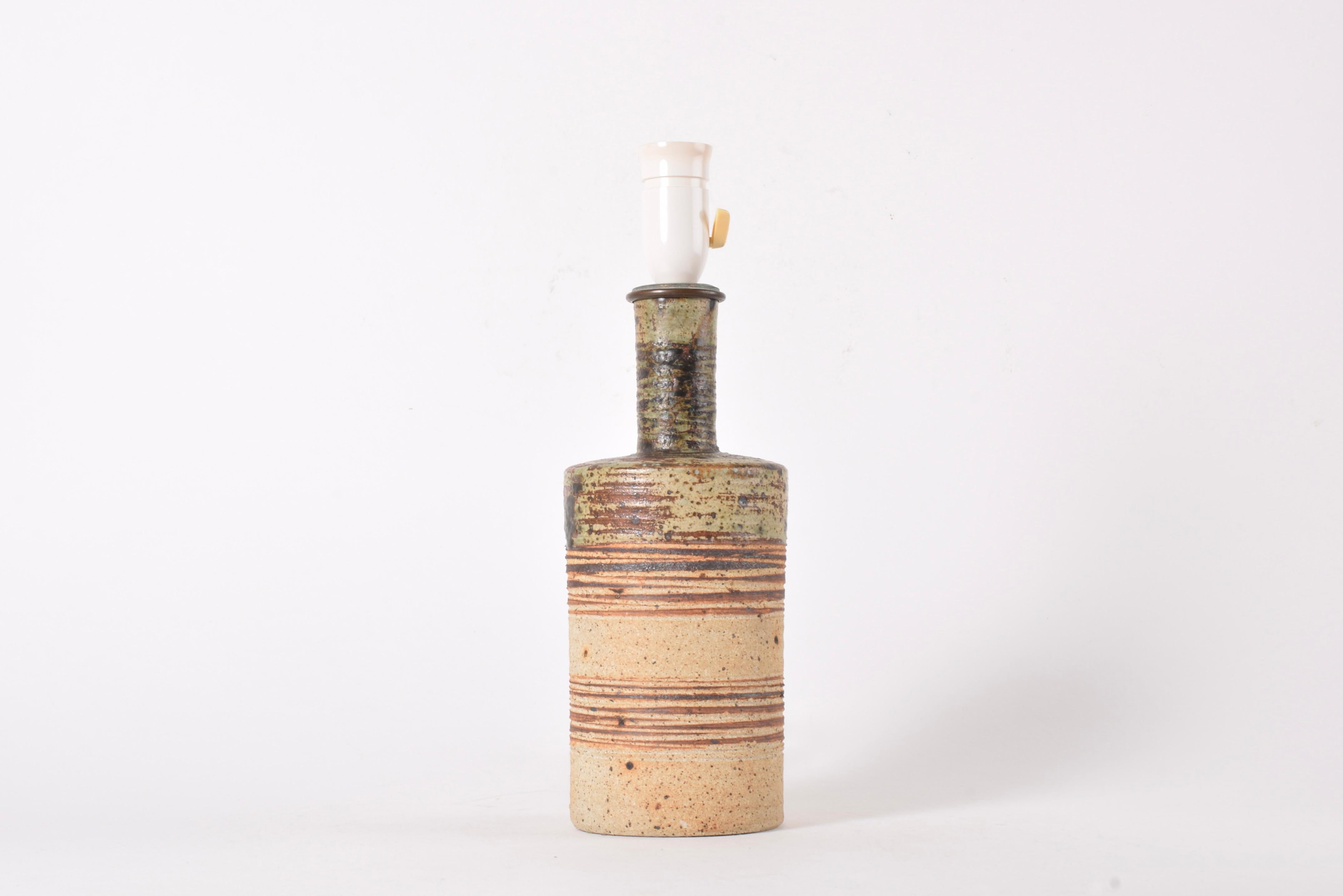 Late 20th Century Danish Tue Poulsen Brutalist Stoneware Table Lamp Earth Colors with Shade 1970s For Sale