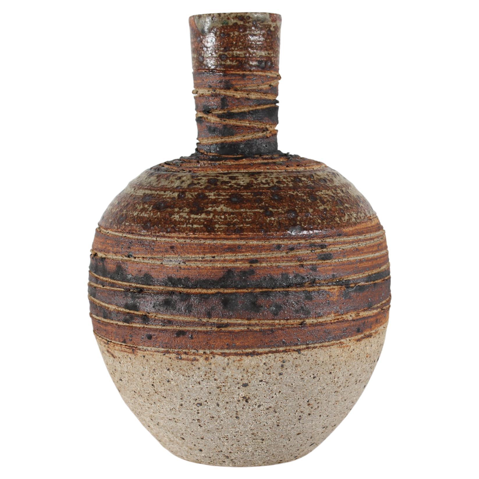 Danish Tue Poulsen Rustic Stoneware Vase of Chamotteclay with Stripe Decor 1970s