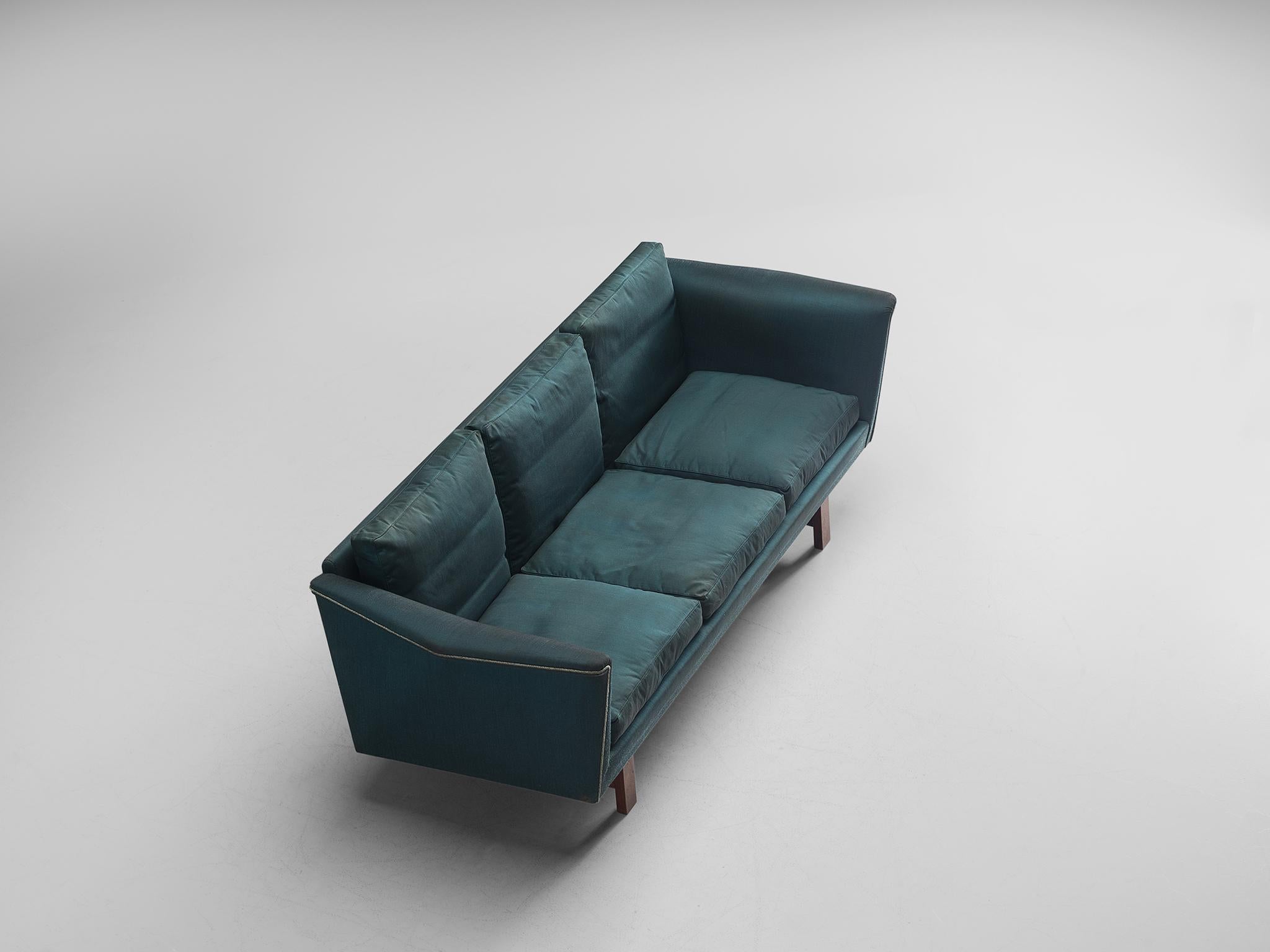 Scandinavian Modern Danish Three-Seat Sofa in Turquoise Upholstery 