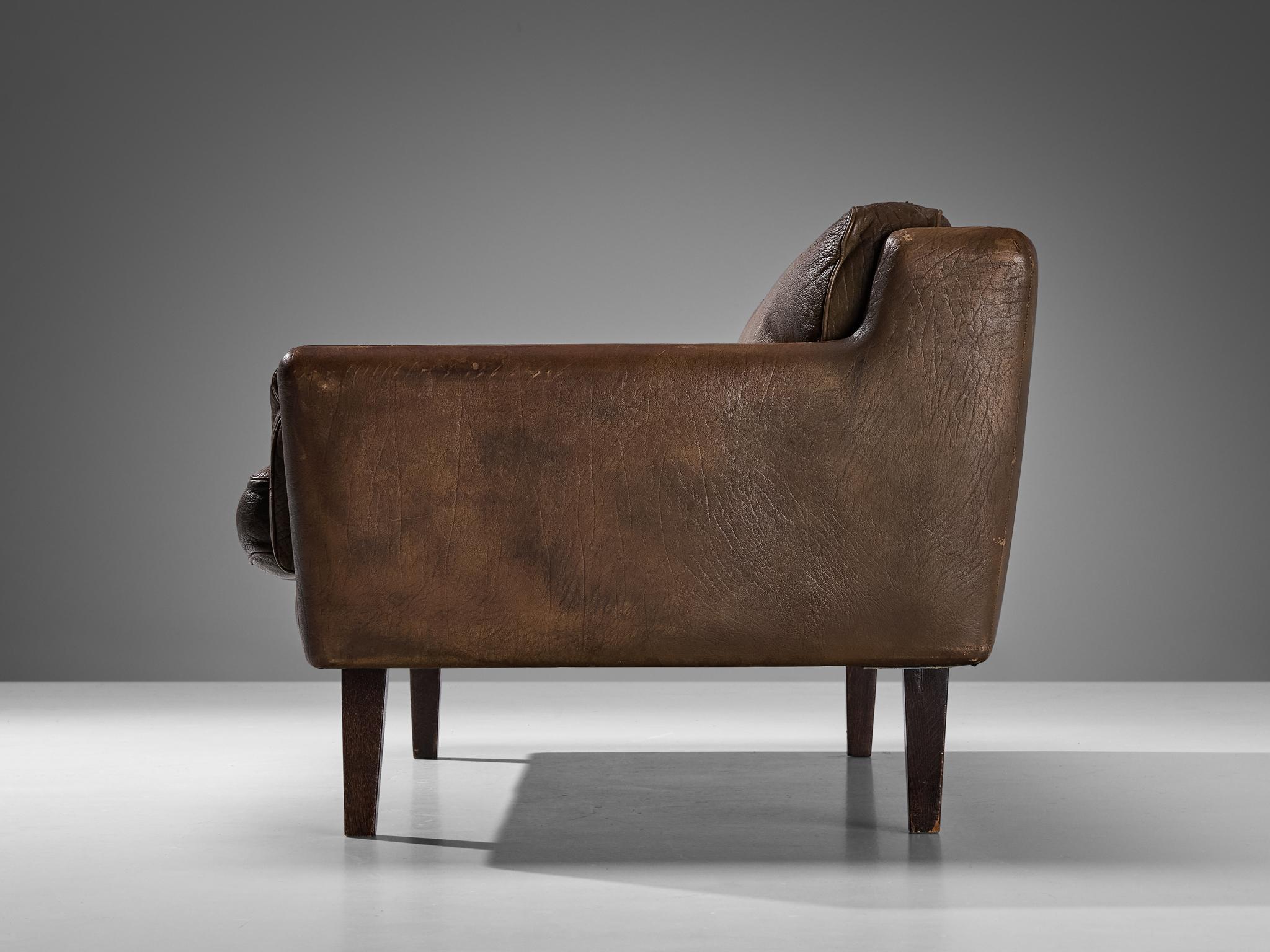Scandinavian Modern Danish Two-Seat Sofa in Brown Leather