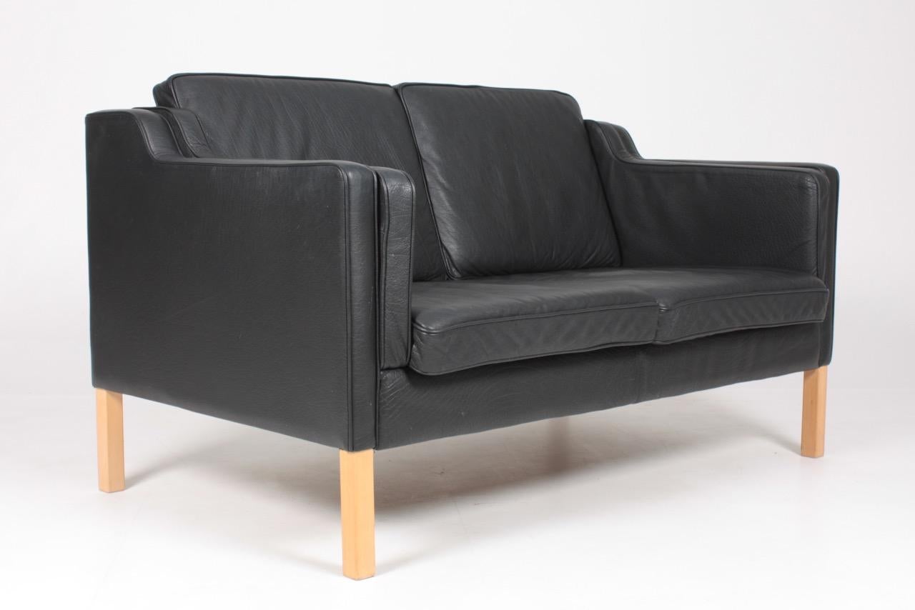 Beech Danish Two-Seat Sofa in Patinated Leather, 1980s
