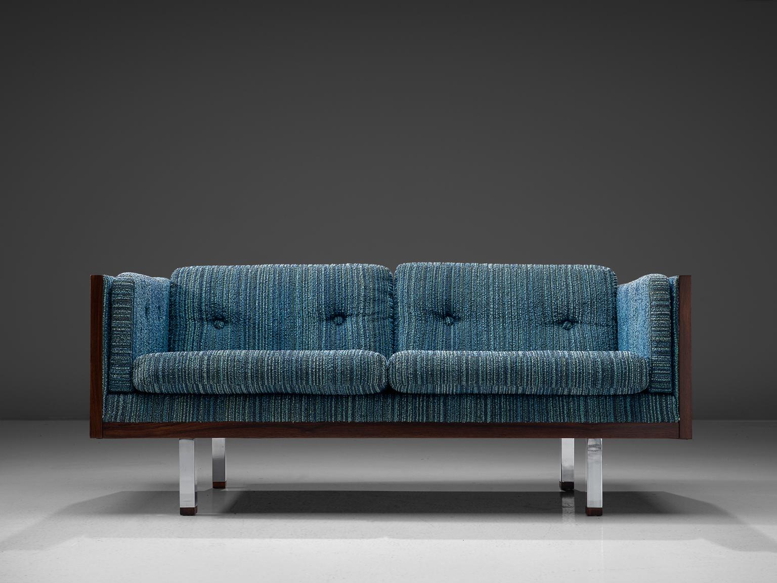 Mid-Century Modern Danish Two-Seat Sofa with Rosewood and Blue Upholstery