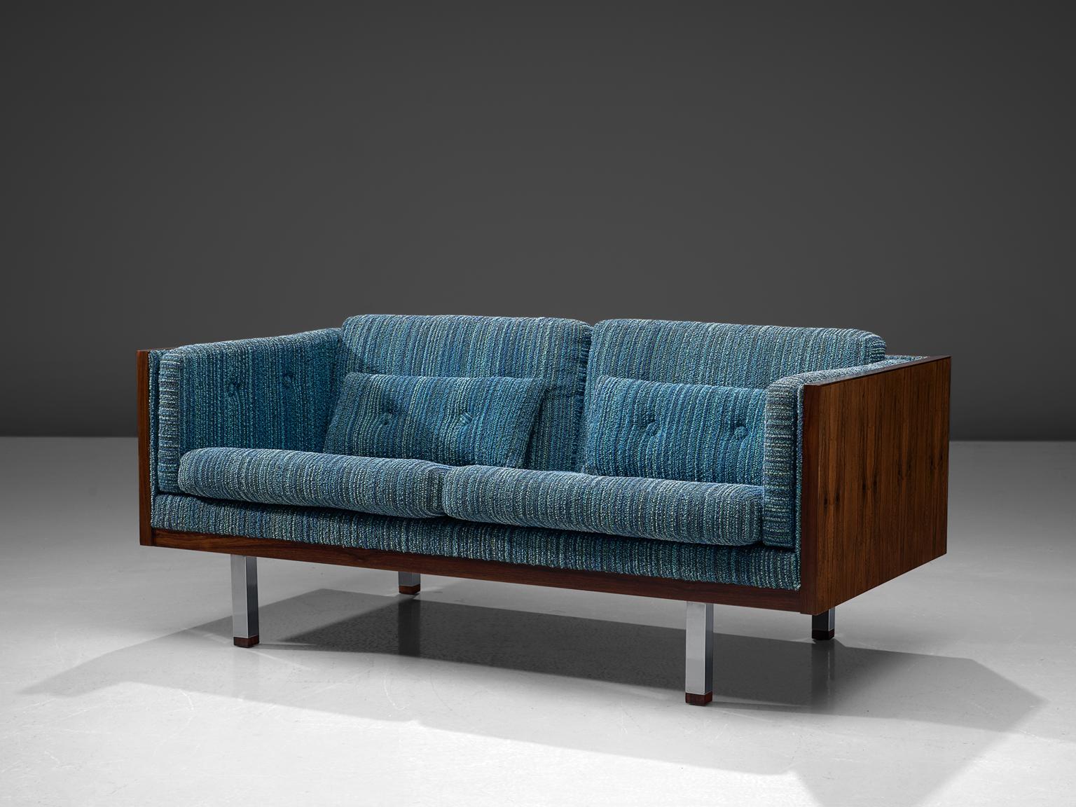 Danish Two-Seat Sofa with Rosewood and Blue Upholstery In Good Condition In Waalwijk, NL