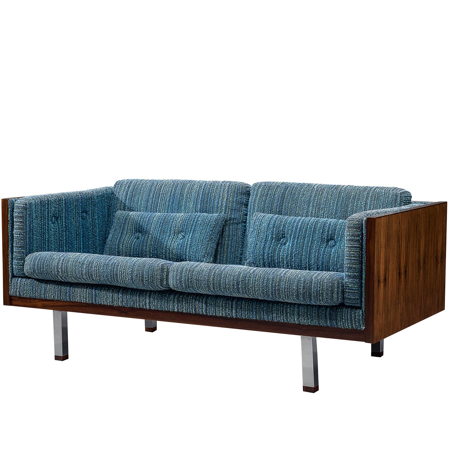 Danish Two-Seat Sofa with Rosewood and Blue Upholstery