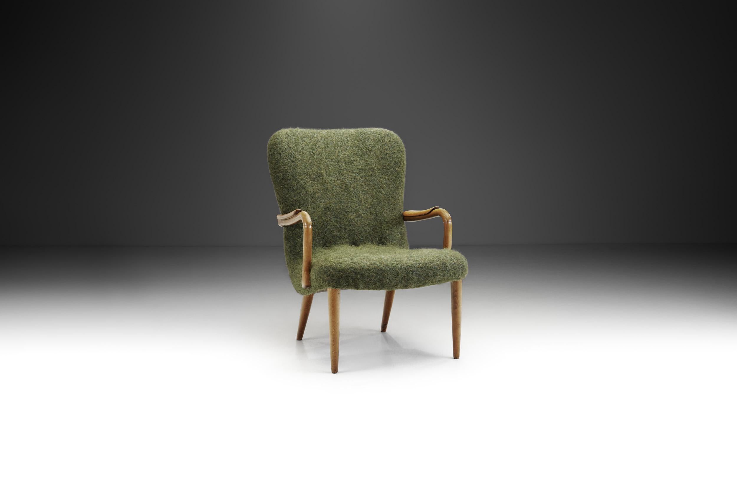 Mid-Century Modern Danish Upholstered Easy Chair with Stained Beech Frame, Denmark, 1950s For Sale