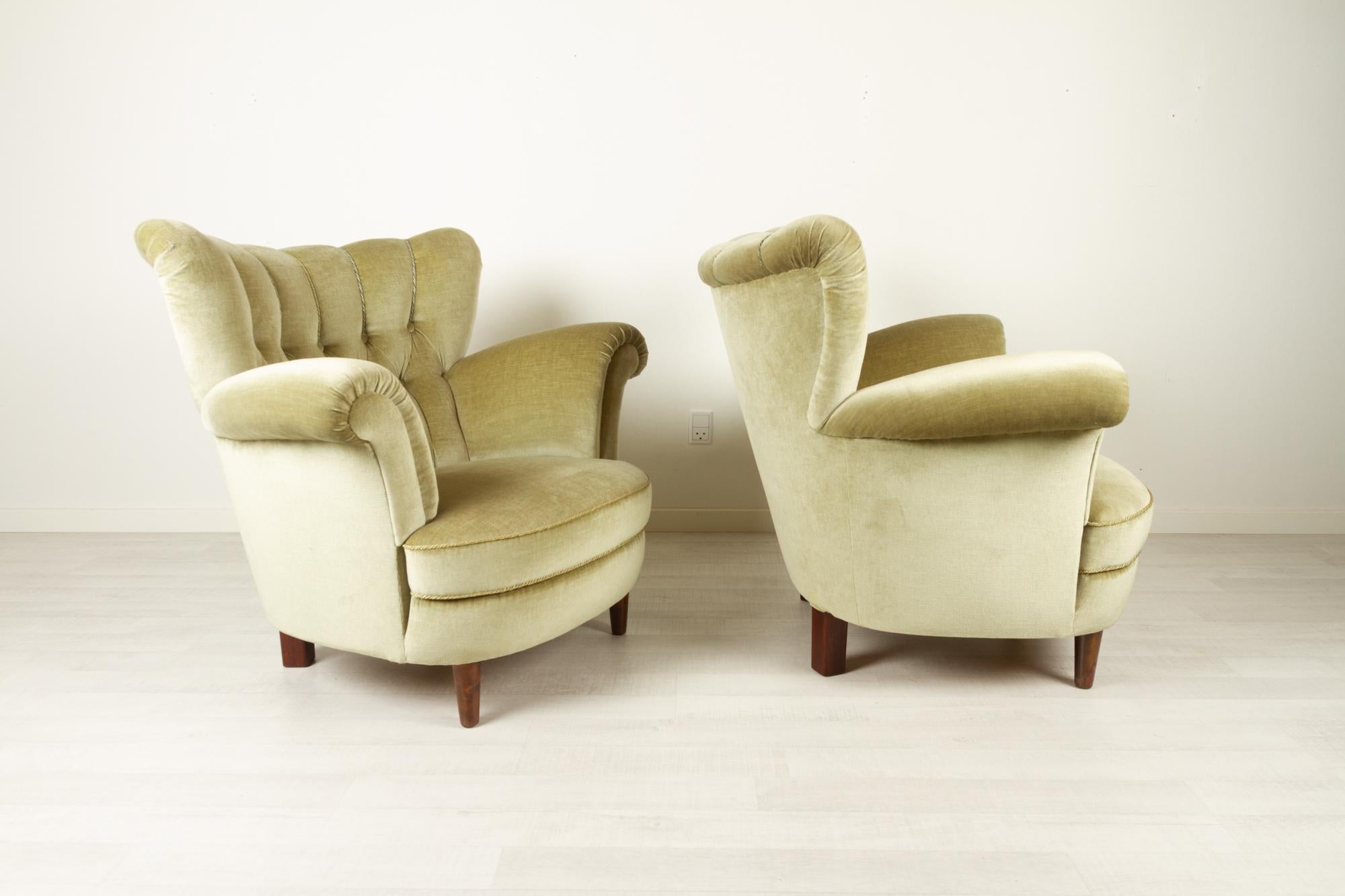 Danish Velour Wingback Lounge Chairs 1940s, Set of 2 For Sale 2