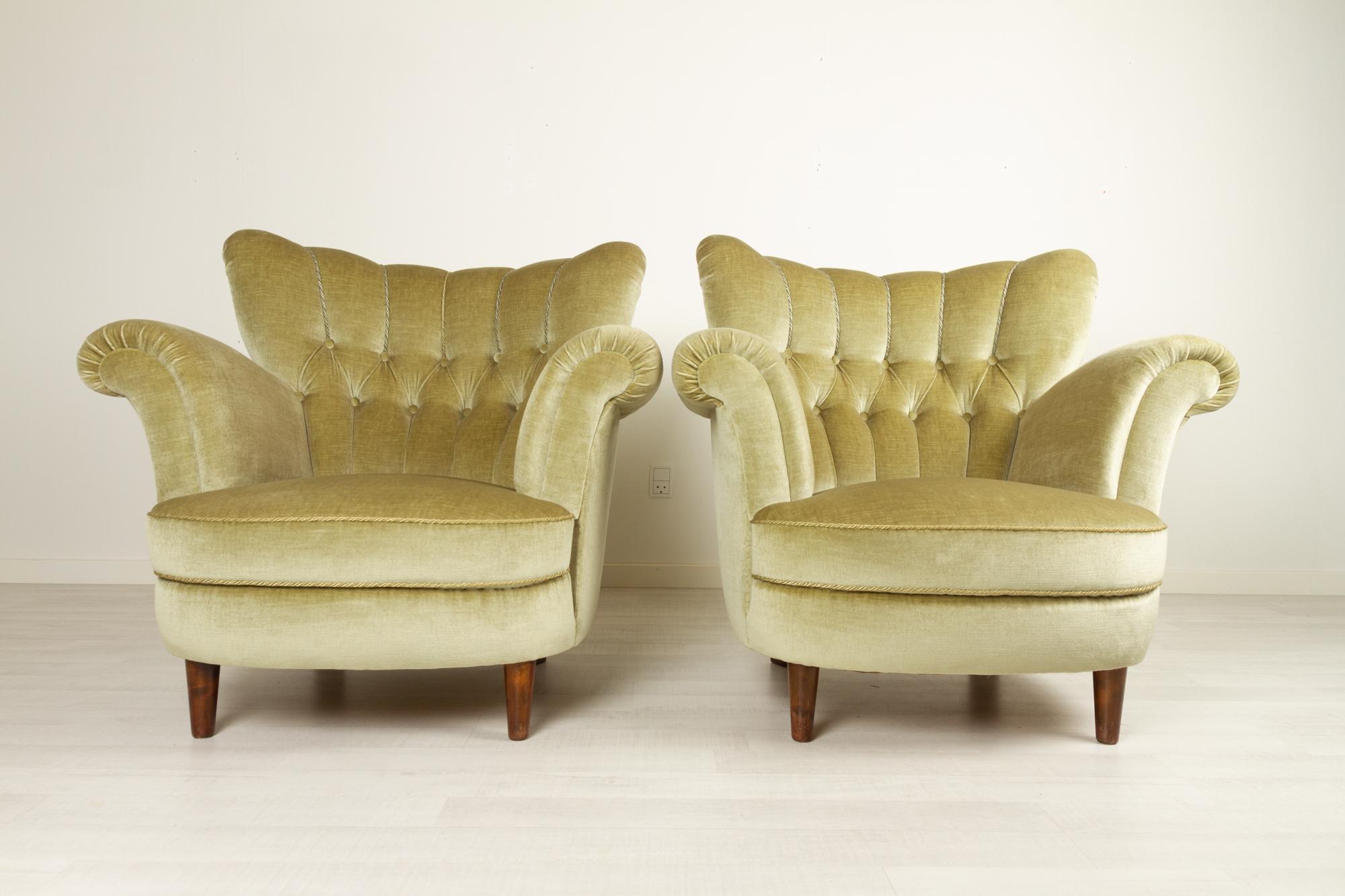 20th Century Danish Velour Wingback Lounge Chairs 1940s, Set of 2 For Sale