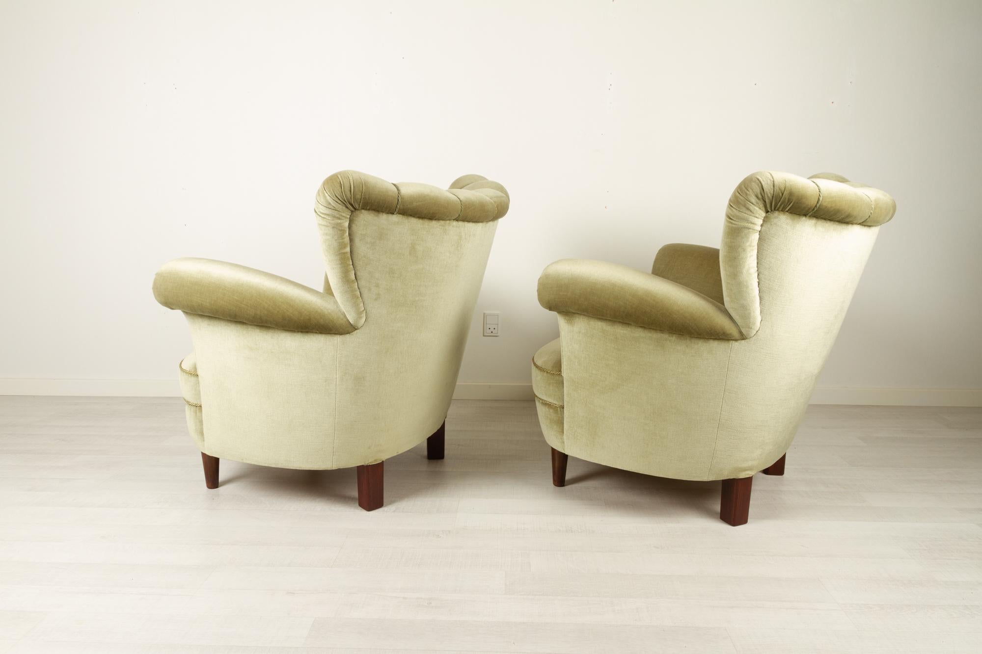 Velvet Danish Velour Wingback Lounge Chairs 1940s, Set of 2 For Sale