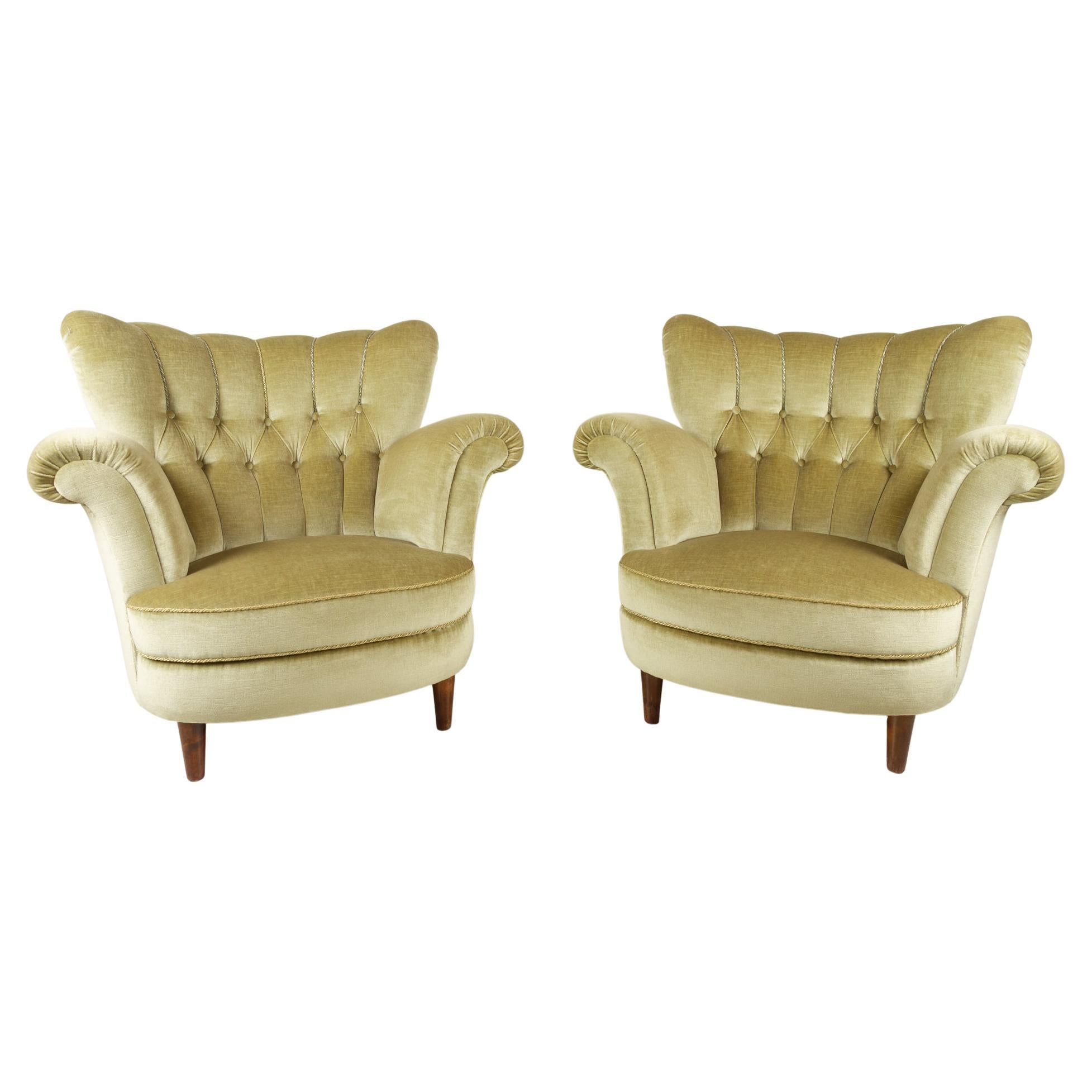Danish Velour Wingback Lounge Chairs 1940s, Set of 2