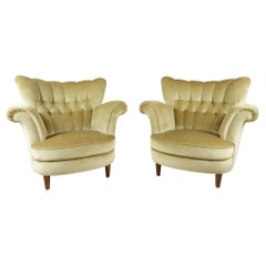 Retro Danish Velour Wingback Lounge Chairs 1940s, Set of 2