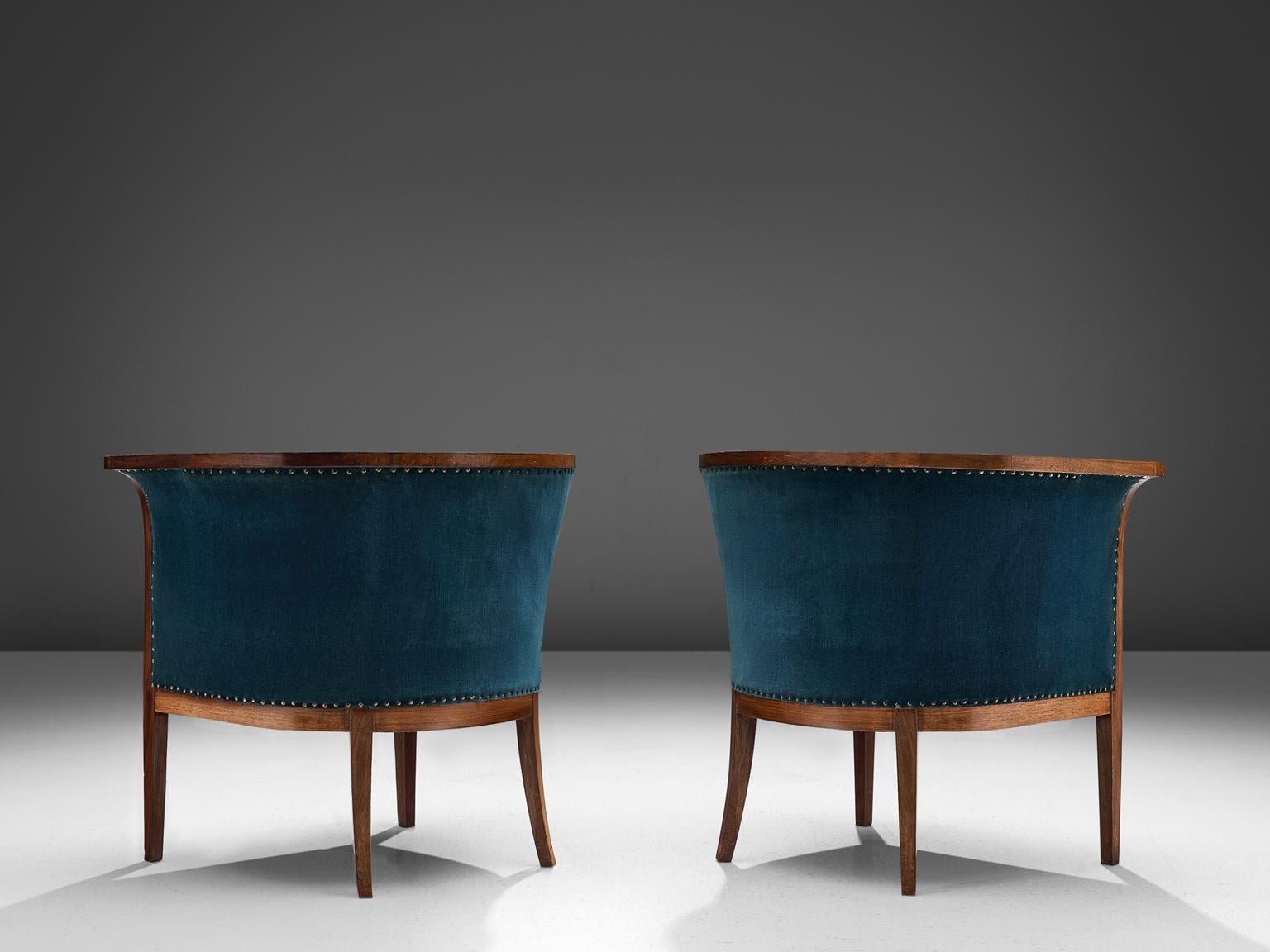 Mid-Century Modern Danish Velvet Blue Mahogany Club Chairs