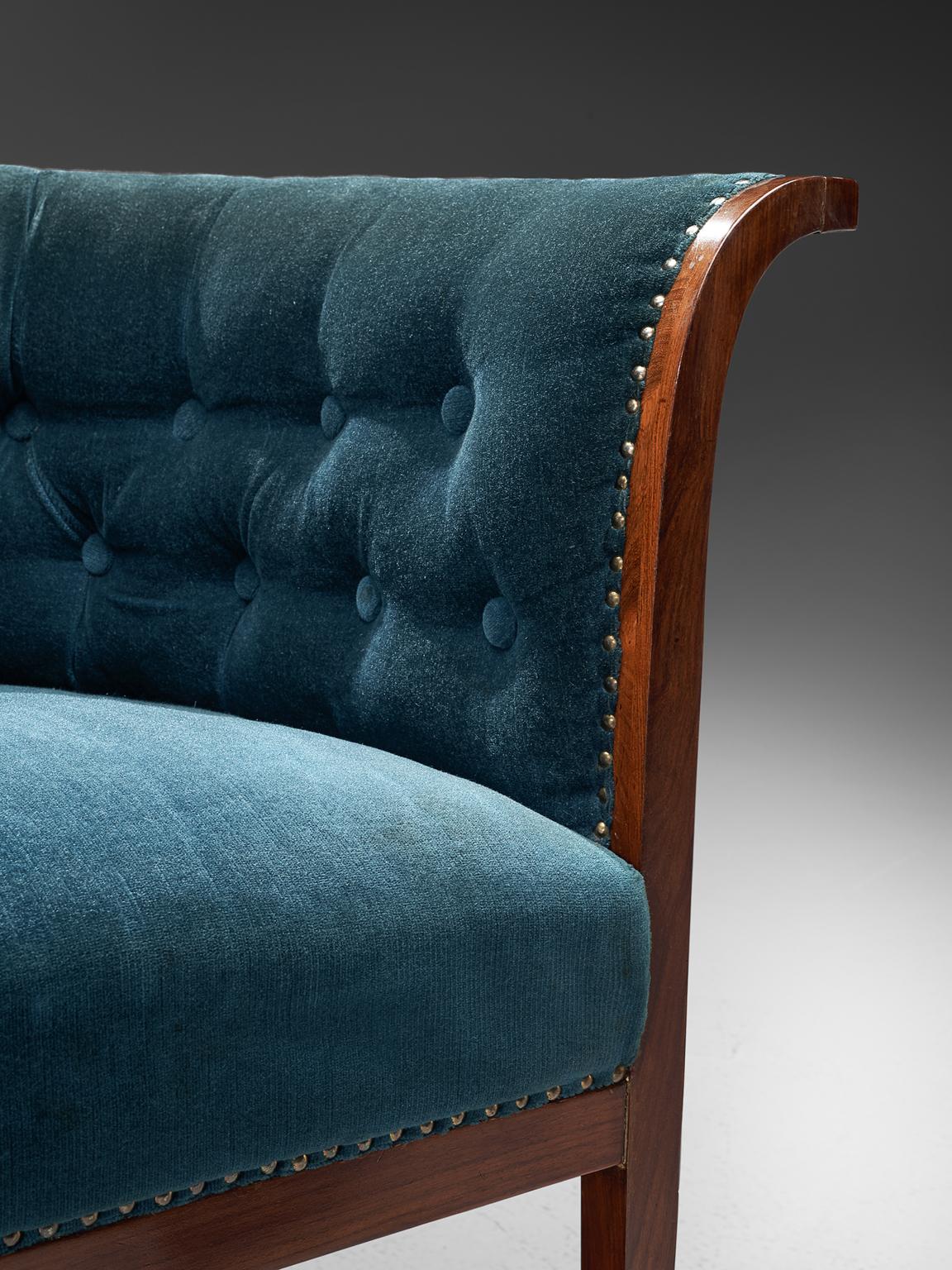 Mid-20th Century Danish Velvet Blue Mahogany Club Chairs