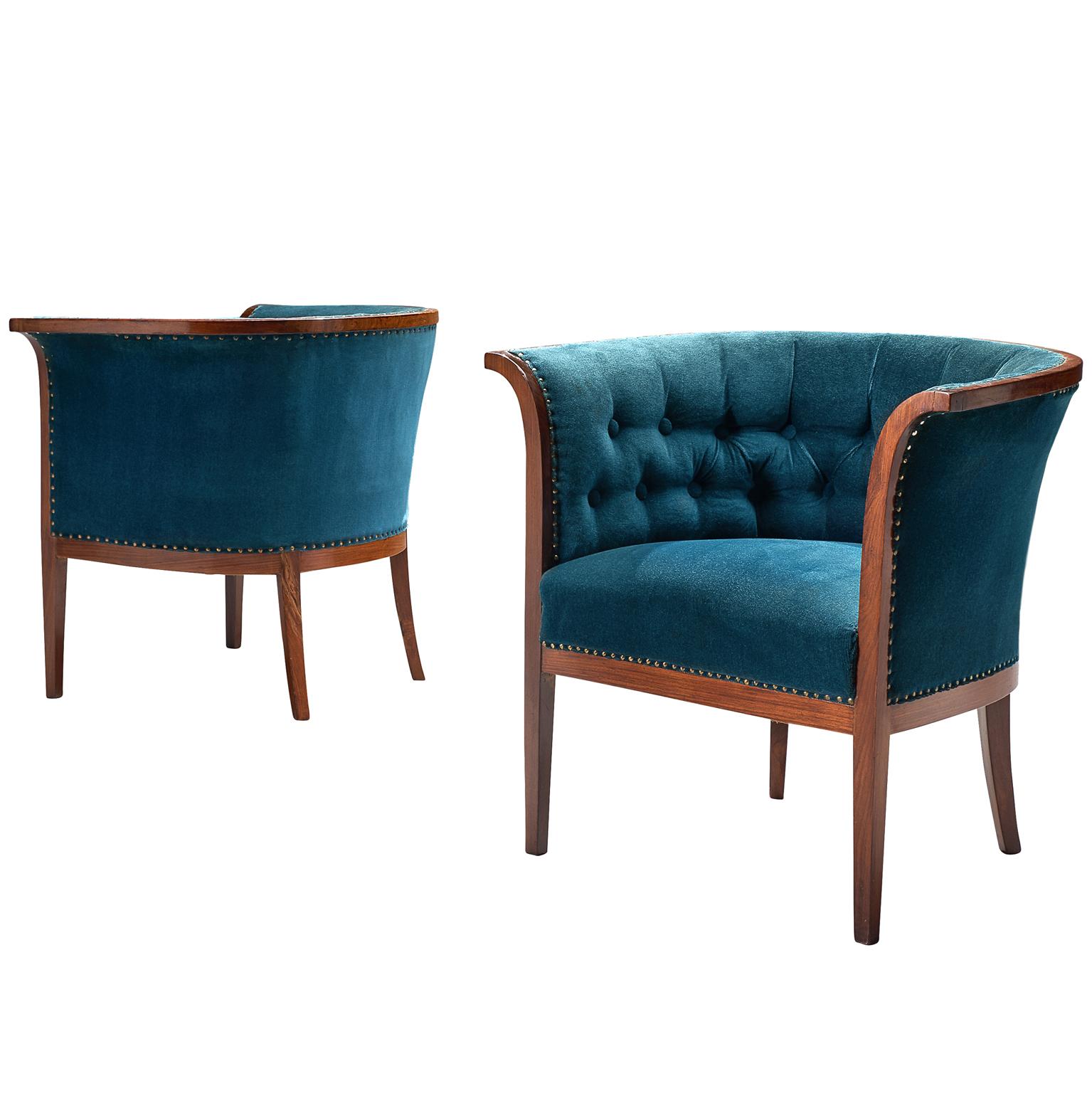 Danish Velvet Blue Mahogany Club Chairs