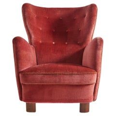 Danish High Back Tufted Lounge Chair Upholstered in Velvet, 1940's