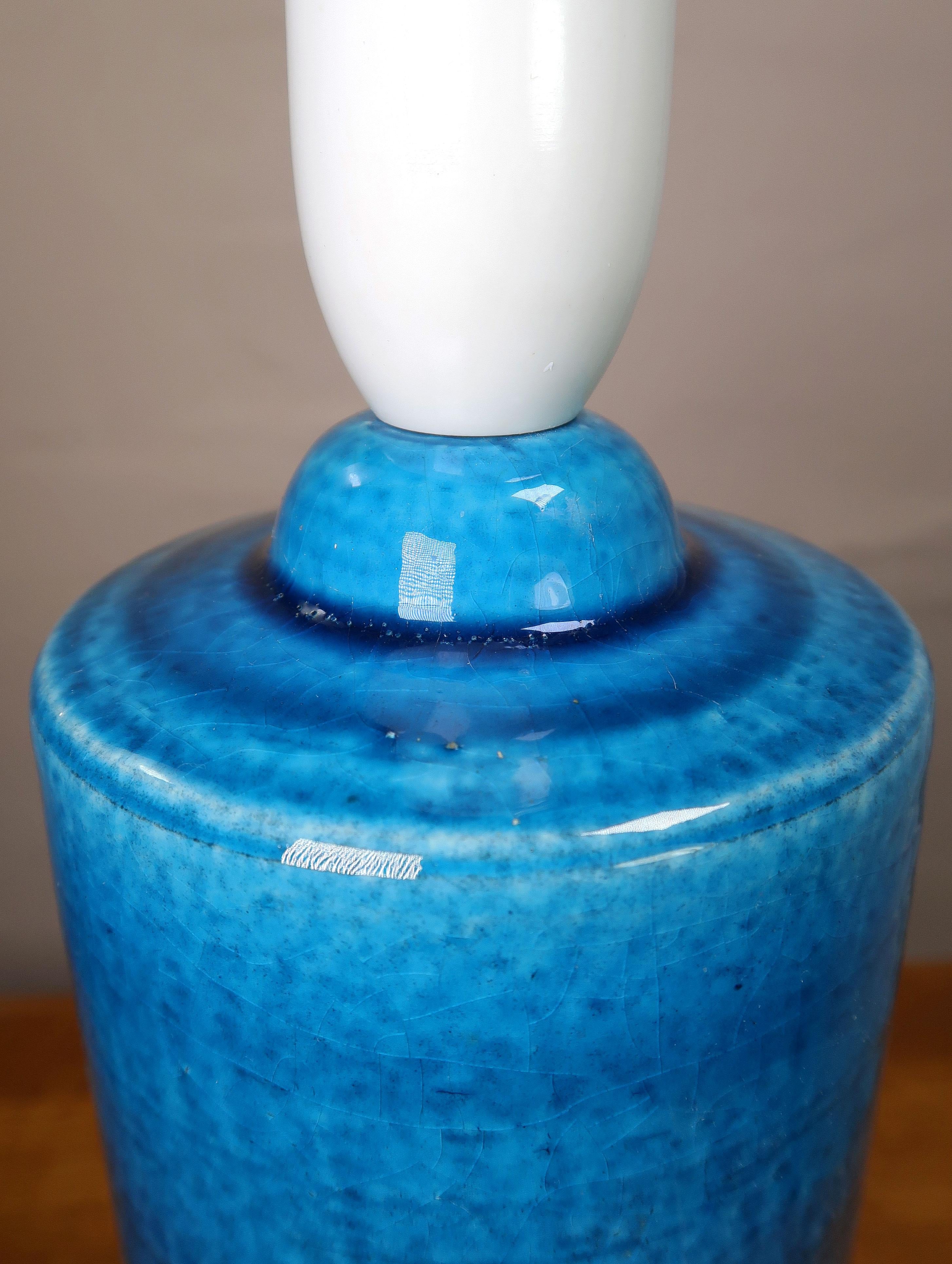 Mid-Century Modern Danish Stougaard Blue Ceramic Cylinder Table Lamp, 1960s For Sale