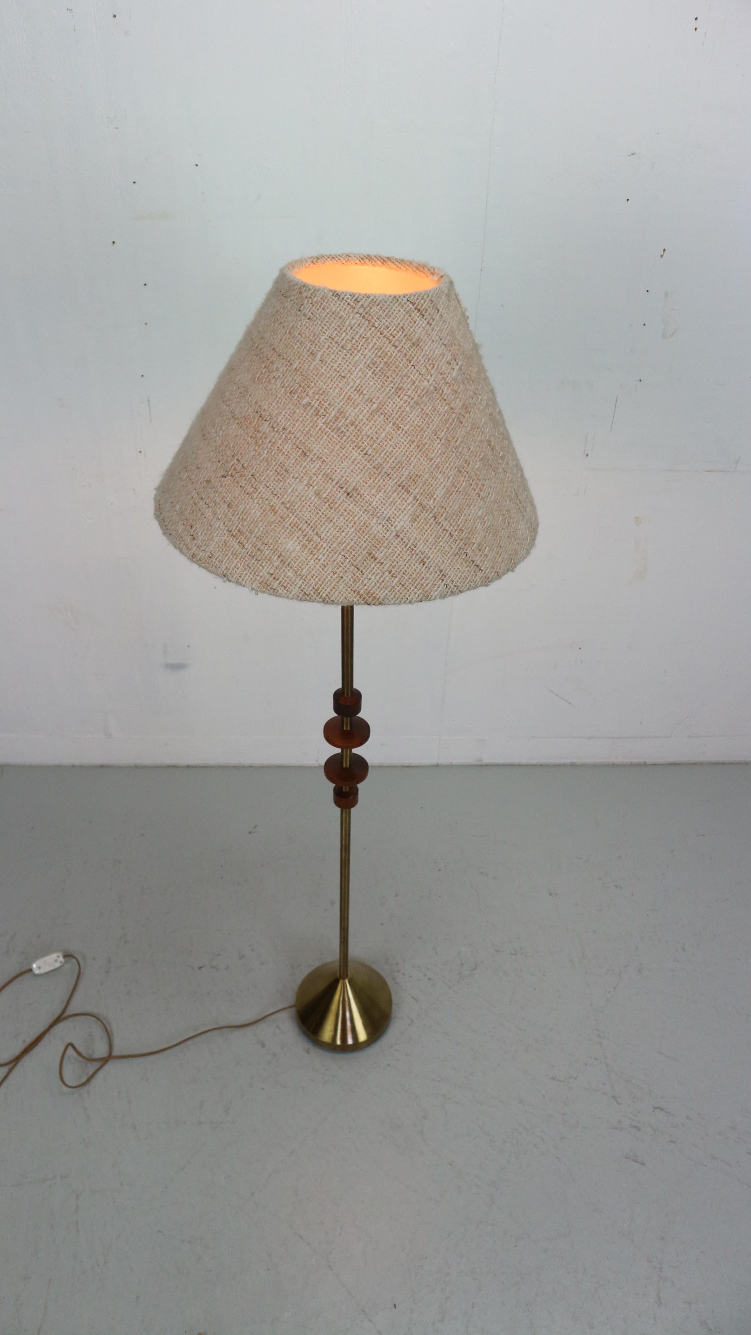 Scandinavian Modern Danish vintage brass and teak floorlamp with wool shade 1960s  For Sale