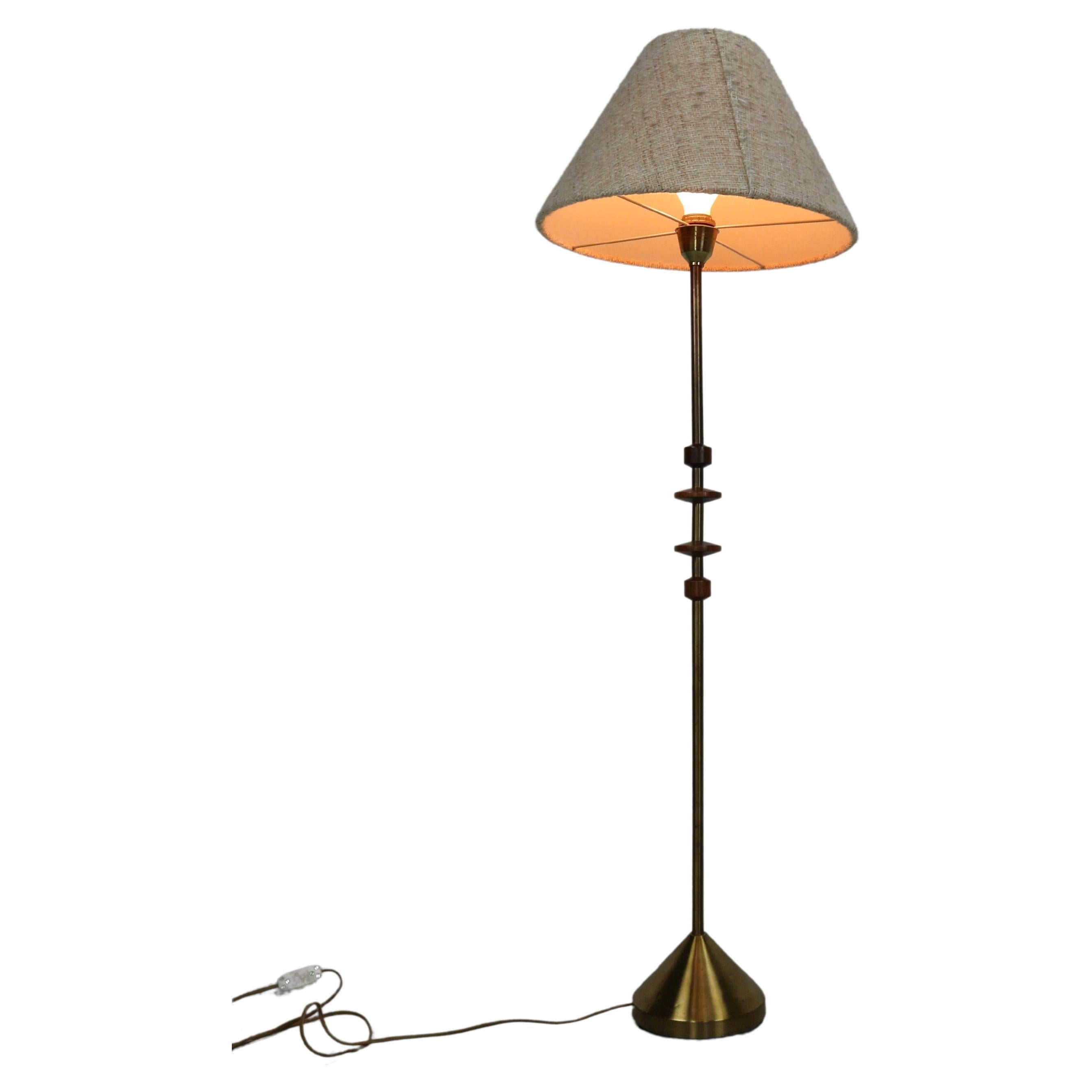 Danish vintage brass and teak floorlamp with wool shade 1960s  For Sale