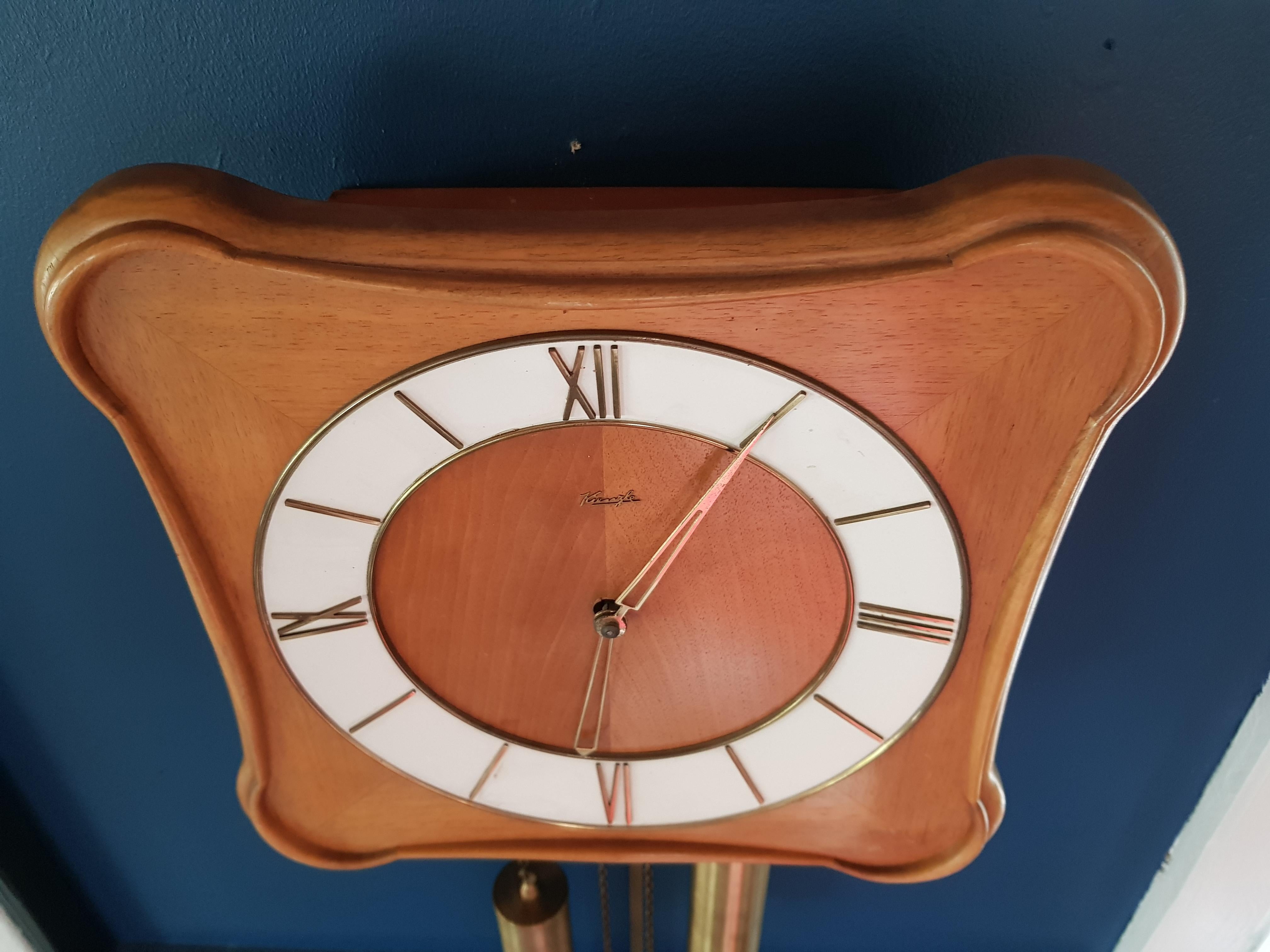 Brass Danish Vintage Hanging Clock by M. Christiensen & Søn, 1960s, Teak Wood For Sale