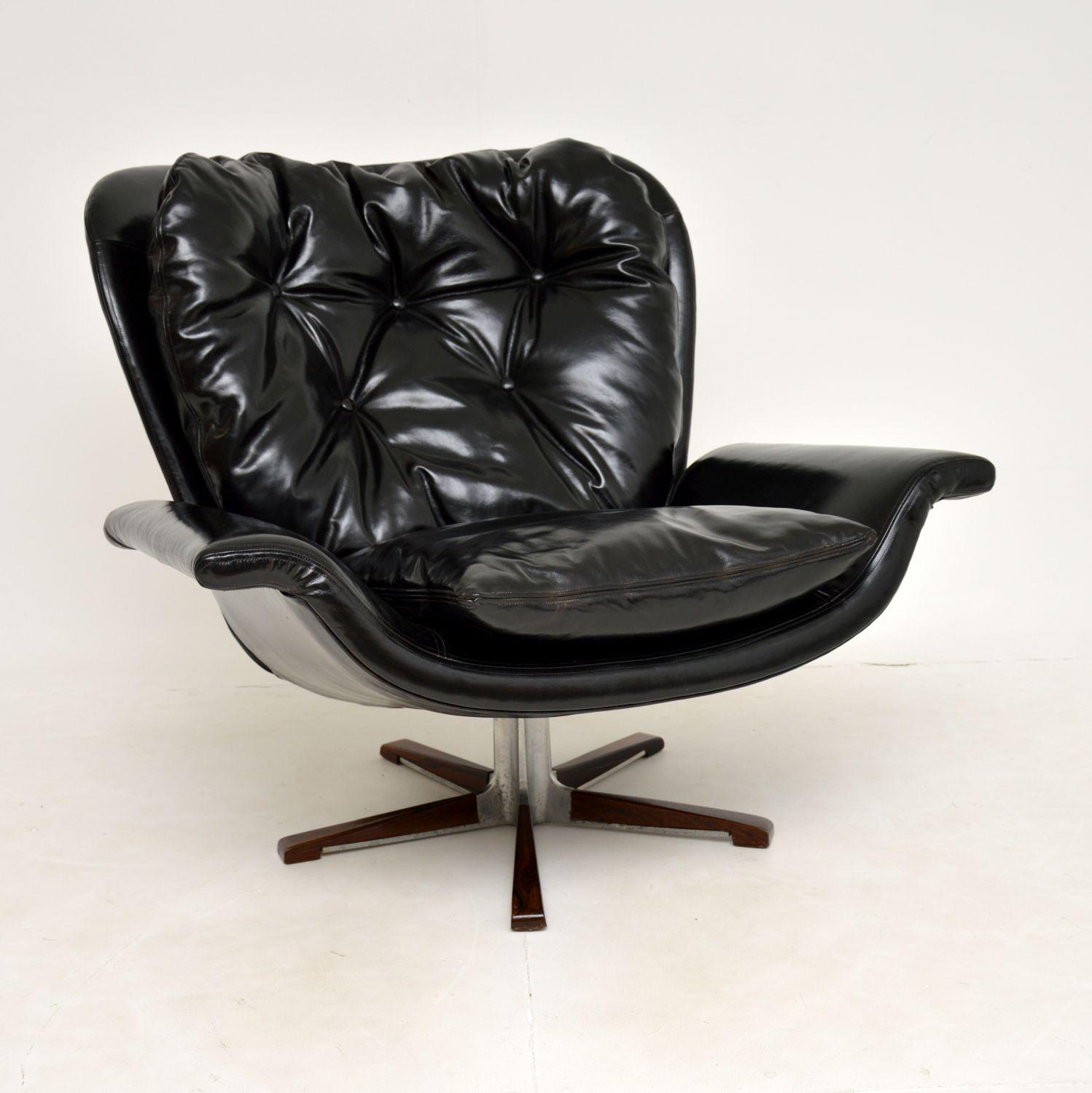 Mid-Century Modern Danish Vintage Leather & Wood Swivel Armchair