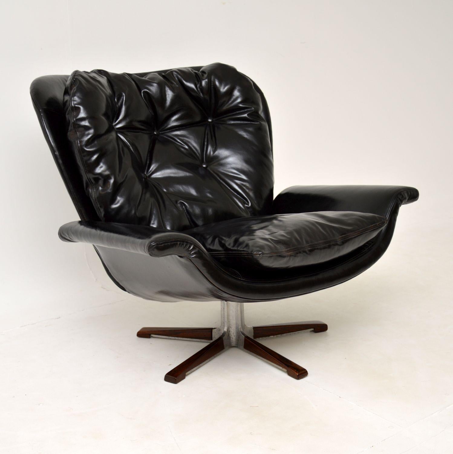 Danish Vintage Leather & Wood Swivel Armchair 4