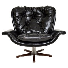 Danish Vintage Leather & Wood Swivel Armchair