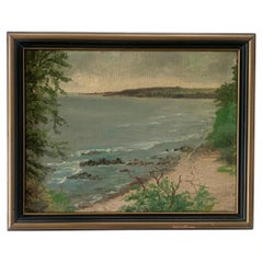 Peinture à l'huile danoise vintage du milieu du siècle représentant un paysage côtier dans des couleurs froides.