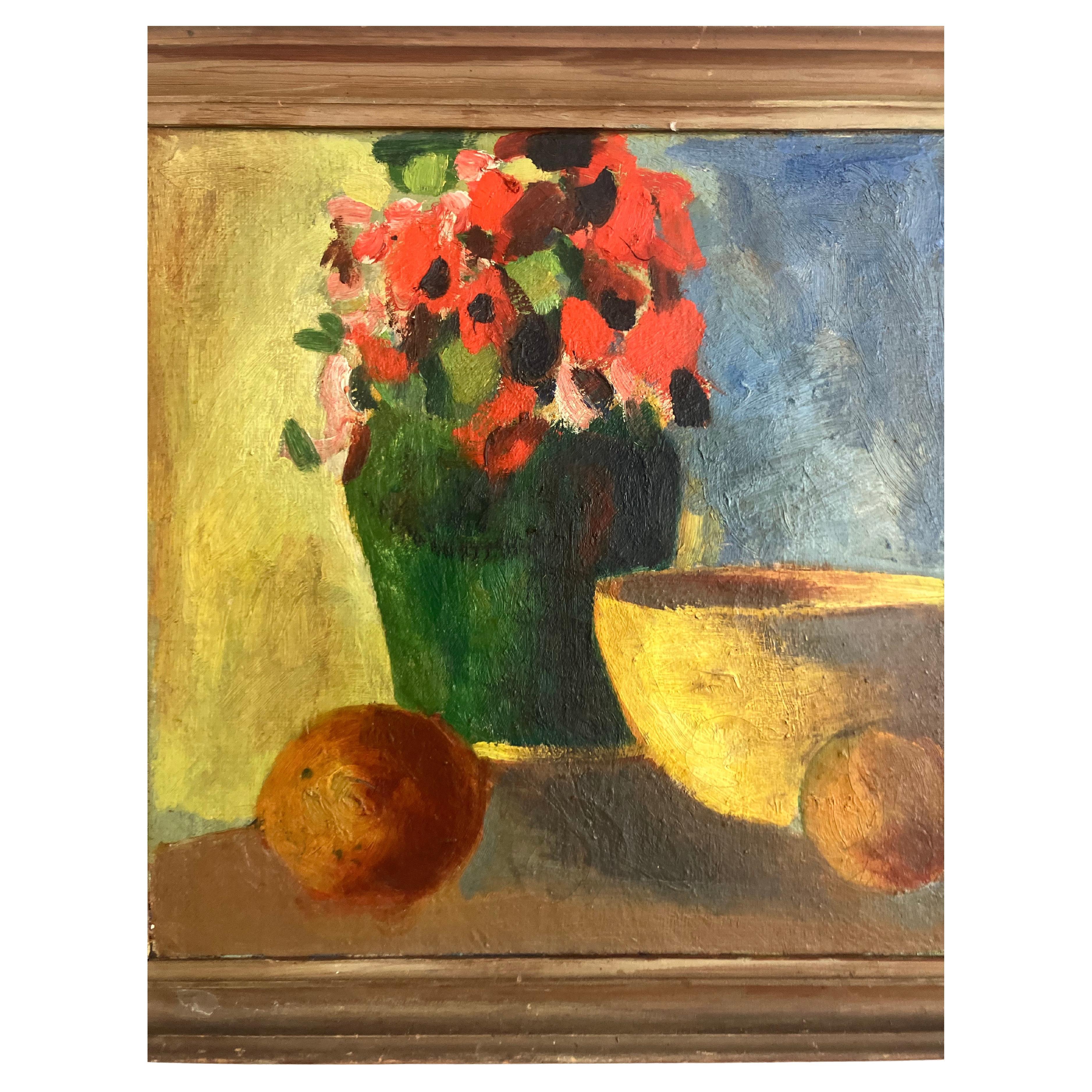 Dänisches Ölgemälde - stilleben, Gemälde auf Leinwand - ca. Die 1960er Jahre.

Der Stil ist modernistisch und das Motiv ist eine Vase mit roten Blumen, eine gelbe Schale und einige Kokosnüsse auf einem Tisch.

Der Hintergrund des Bildes ist