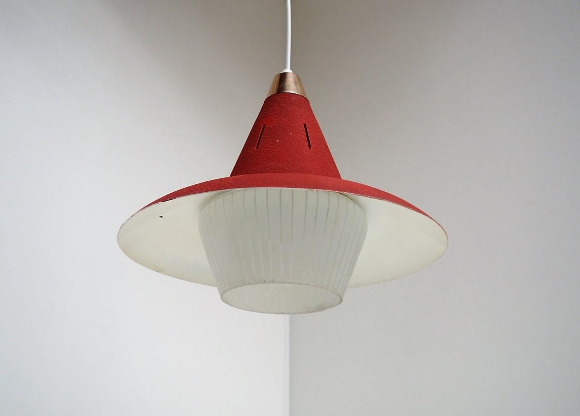 Molded Danish Vintage Pendant Made in Red Metal with White Glass Shade, Lyfa, 1940s For Sale