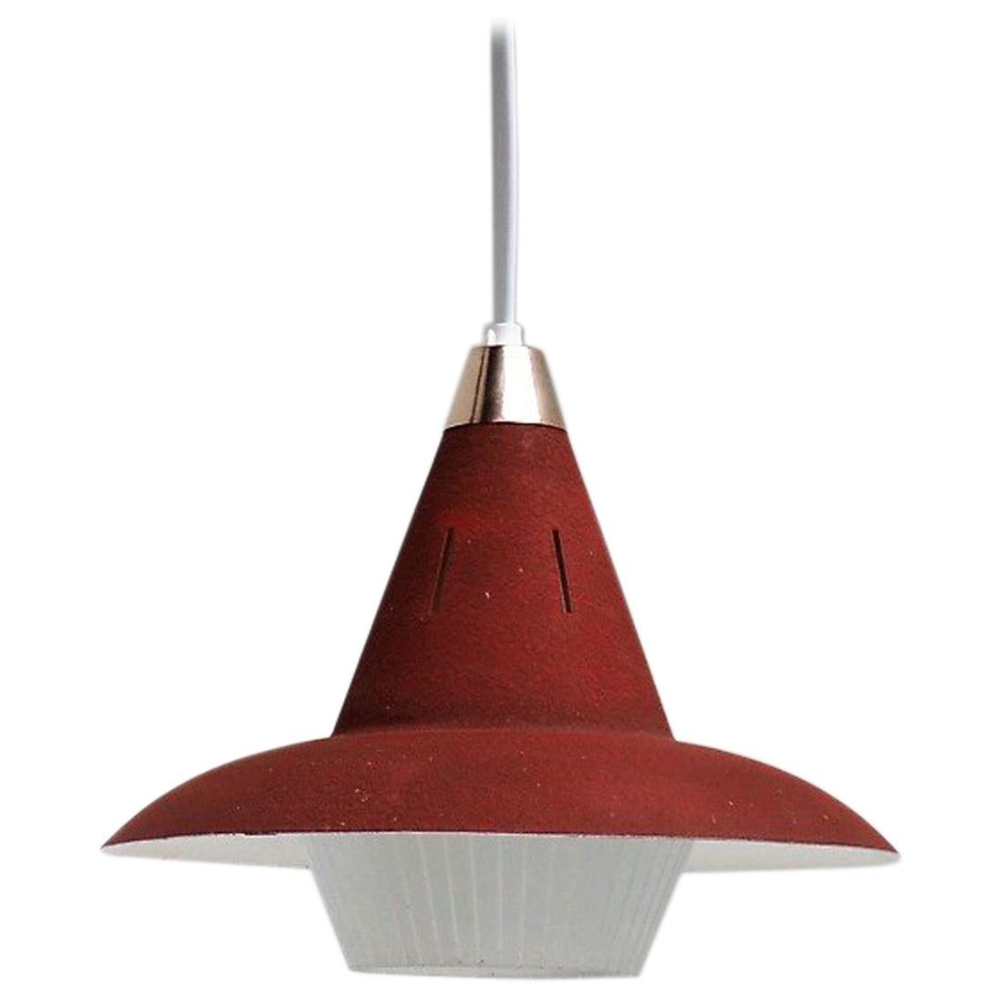 Danish Vintage Pendant Made in Red Metal with White Glass Shade, Lyfa, 1940s For Sale