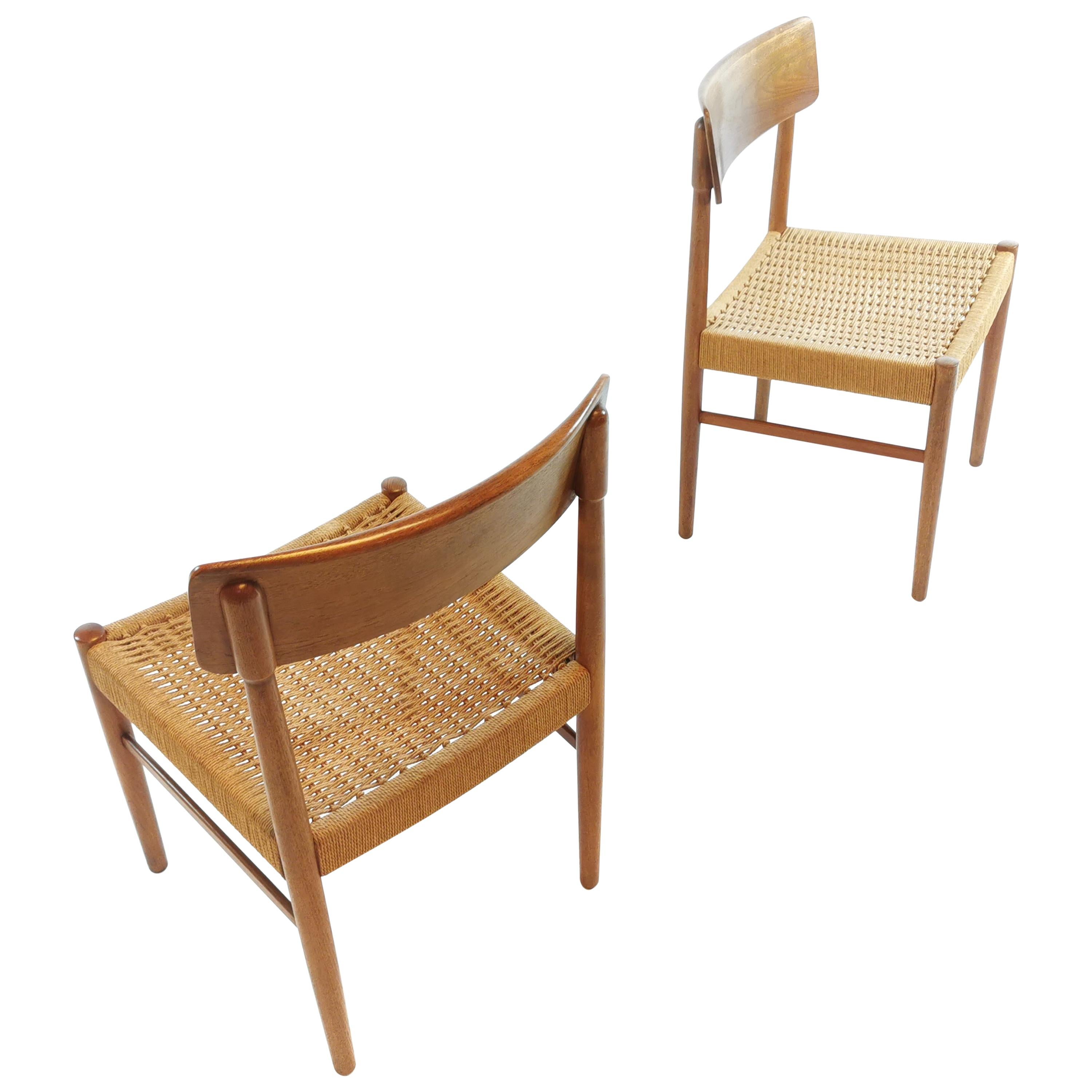 Pair of Danish Vintage Retro Paper Cord Teak Dining Chairs Midcentury, 1960s