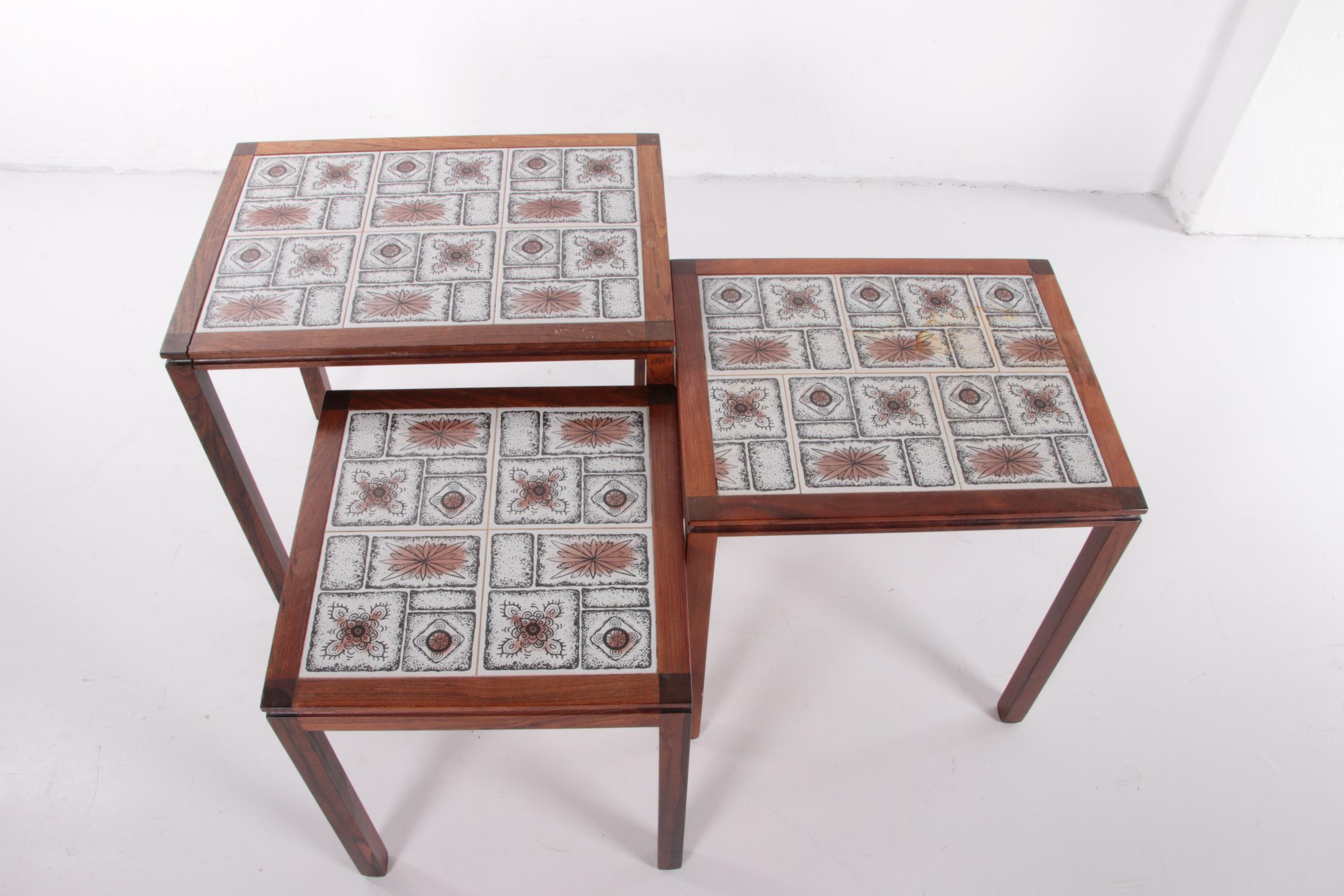 Danish Vintage Set Side Tables with Cream Brown Tiles, 1960s For Sale 4