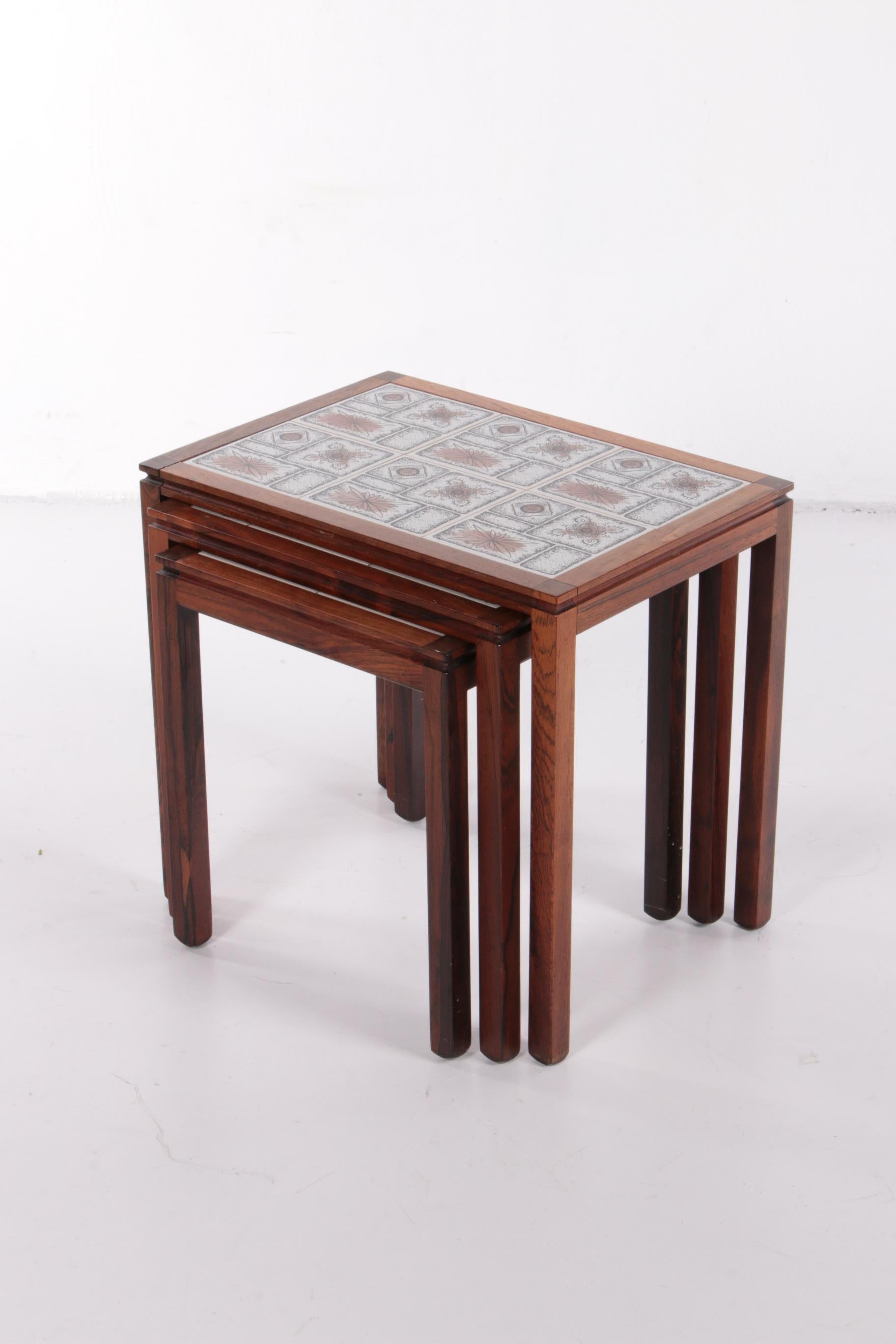20th Century Danish Vintage Set Side Tables with Cream Brown Tiles, 1960s For Sale