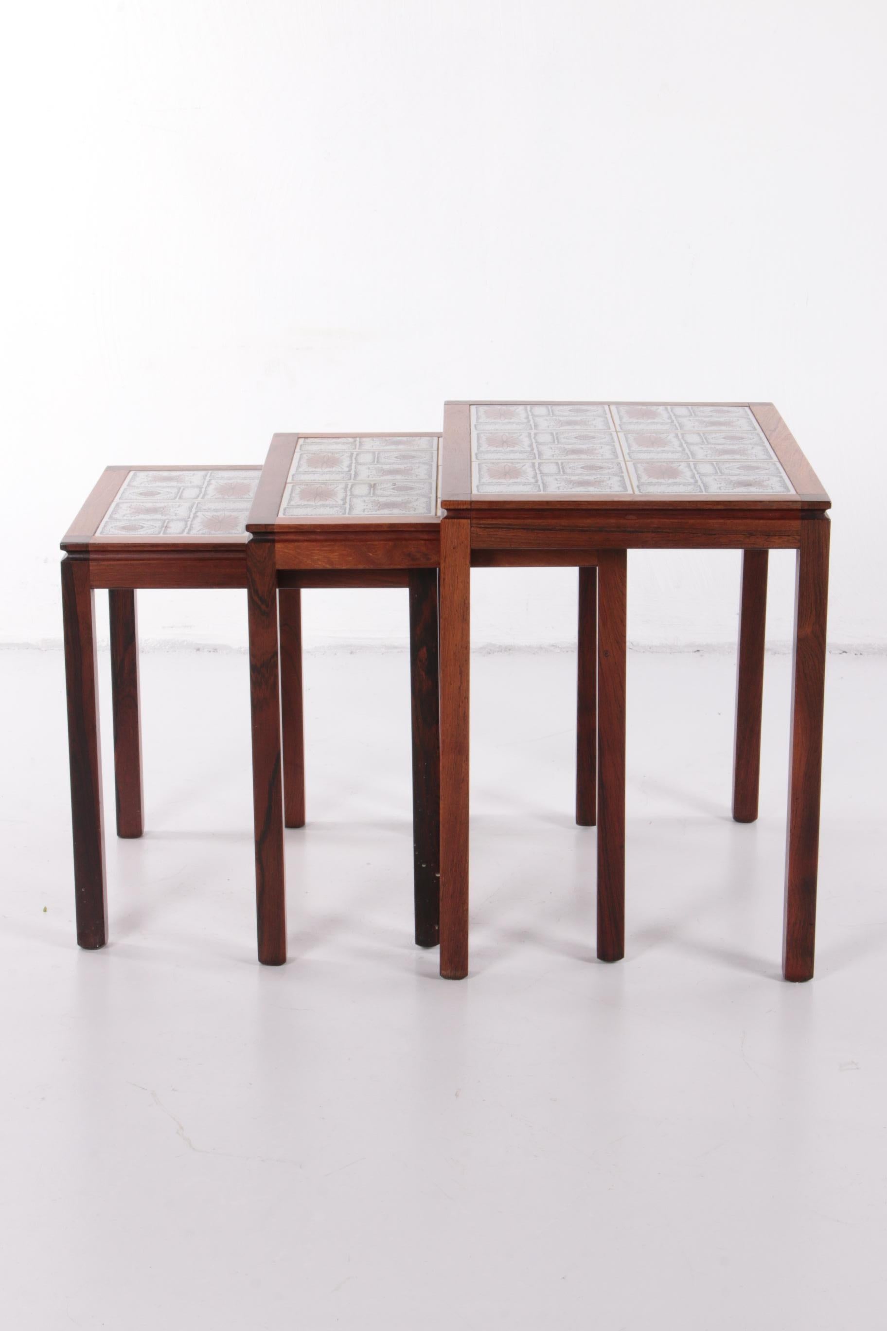 Ceramic Danish Vintage Set Side Tables with Cream Brown Tiles, 1960s For Sale