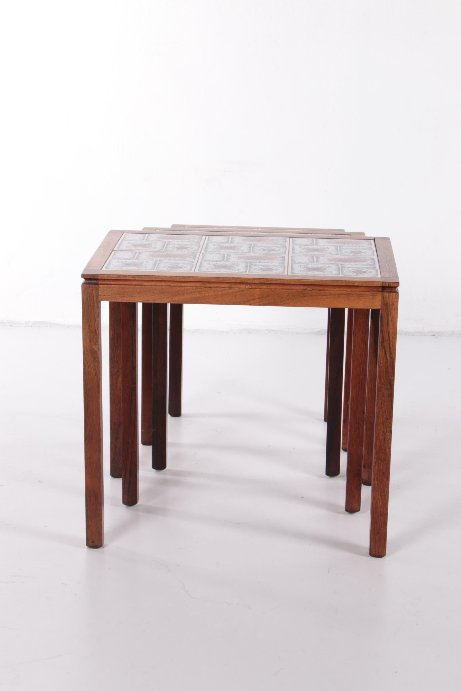 Danish Vintage Set Side Tables with Cream Brown Tiles, 1960s For Sale 1
