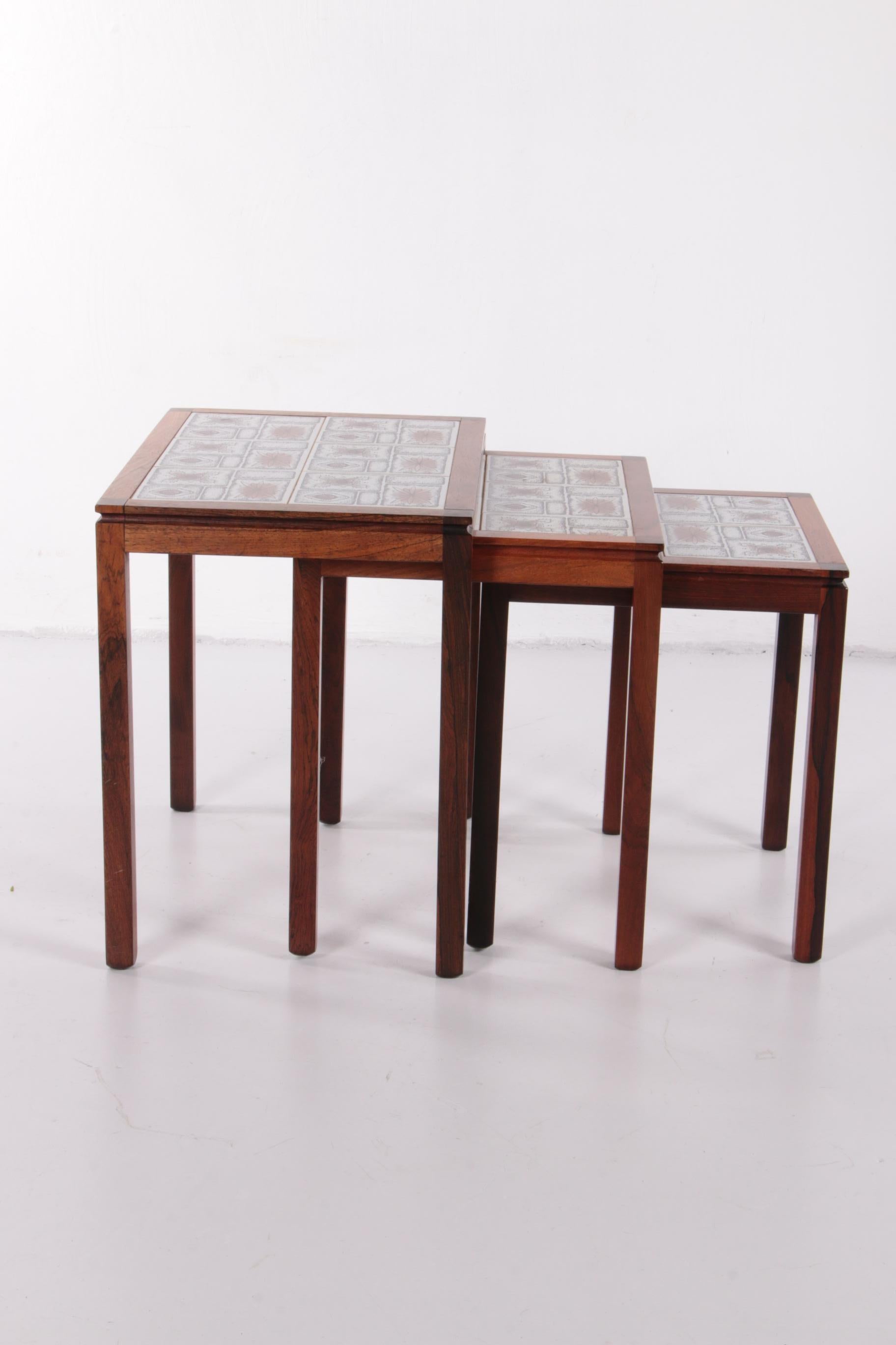 Danish Vintage Set Side Tables with Cream Brown Tiles, 1960s For Sale 2