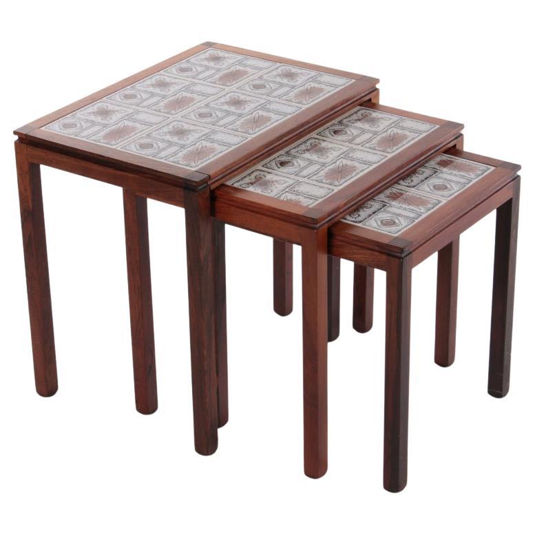 Danish Vintage Set Side Tables with Cream Brown Tiles, 1960s For Sale