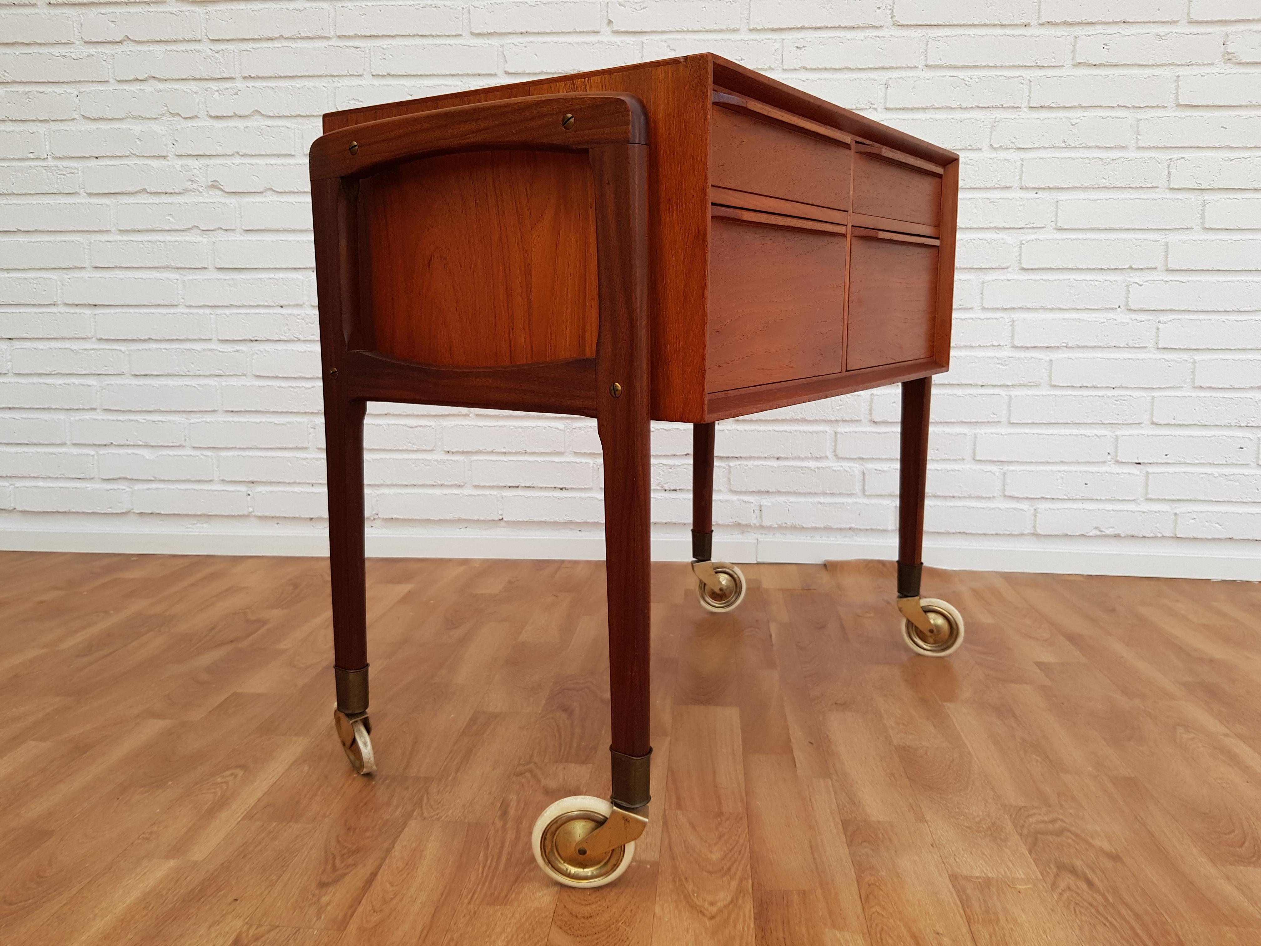 Brass Danish Vintage Sewing Commode, Teak Wood For Sale