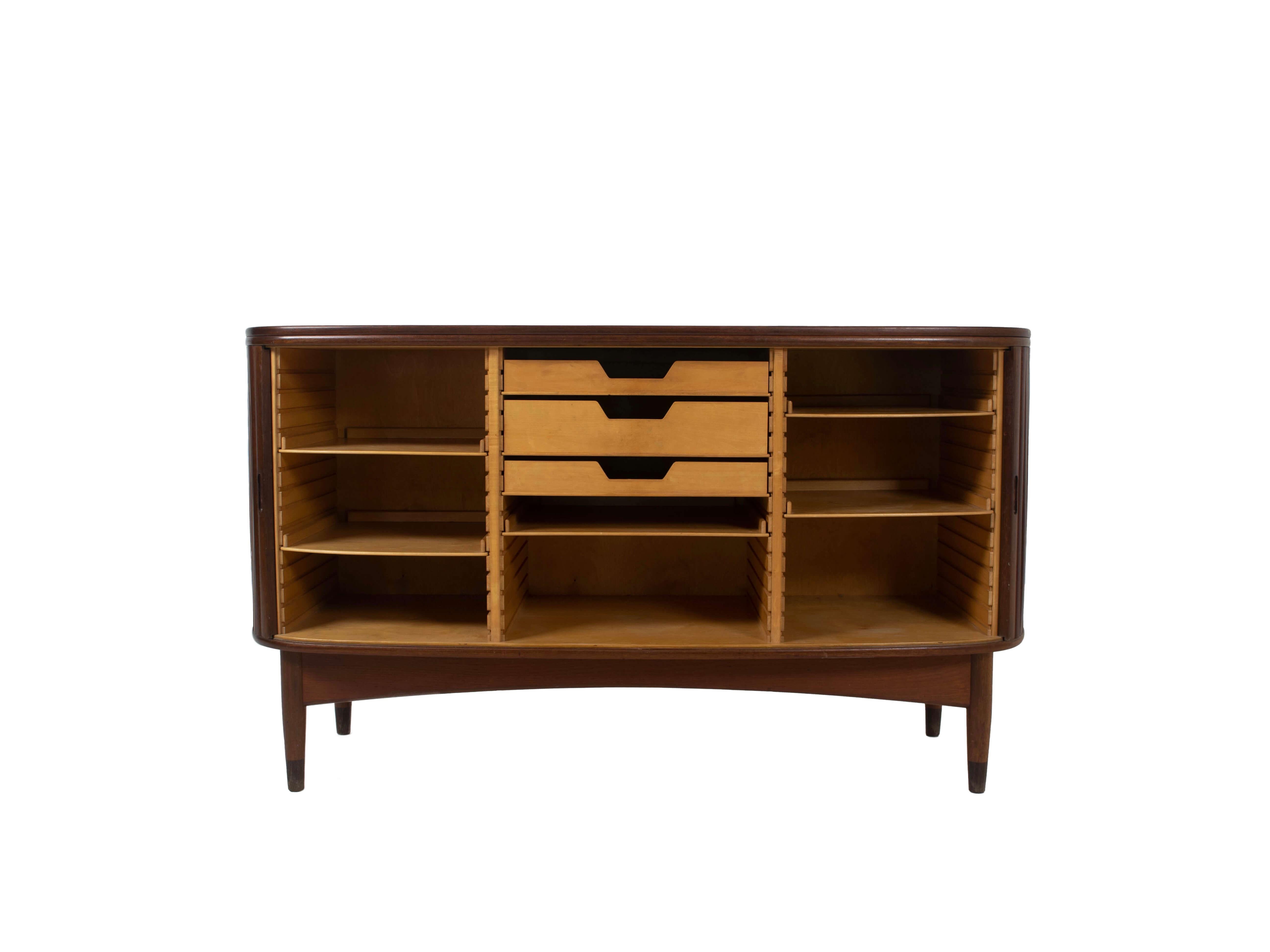 Danish Vintage Sideboard with Tambour Doors in Teak Veneer, 1950s In Good Condition In Hellouw, NL